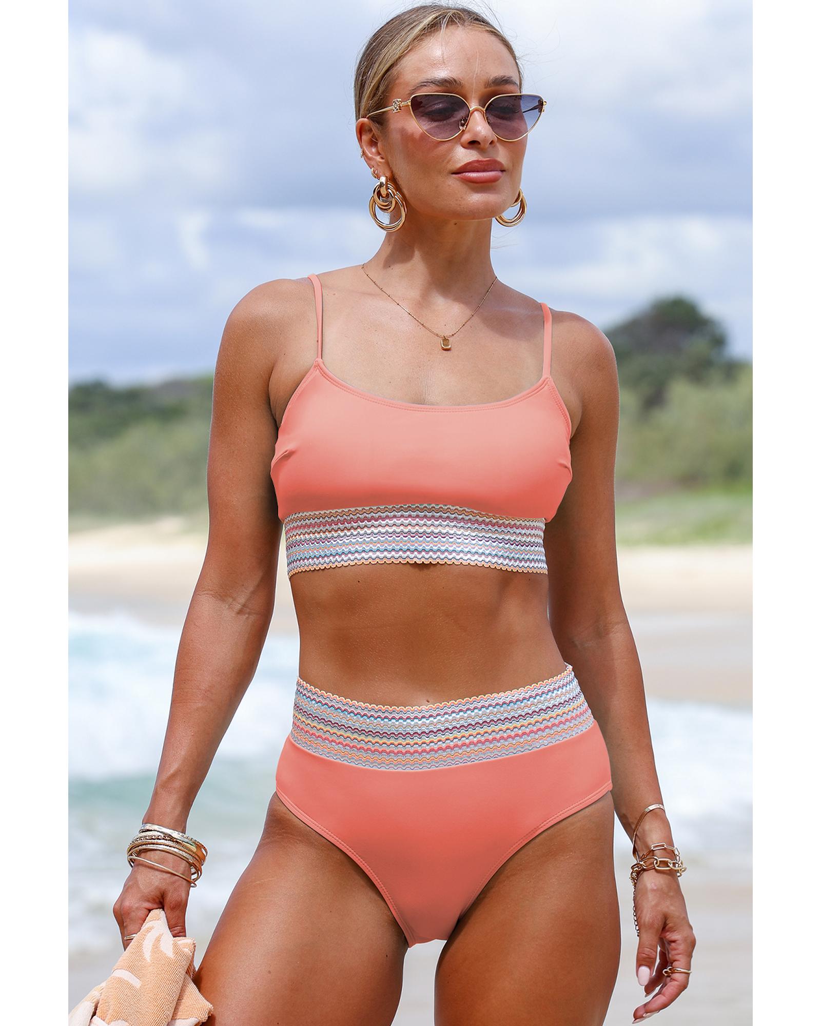 Peach Blossom Striped Patchwork Spaghetti Strap High Waist Bikini Swimsuit - M 5