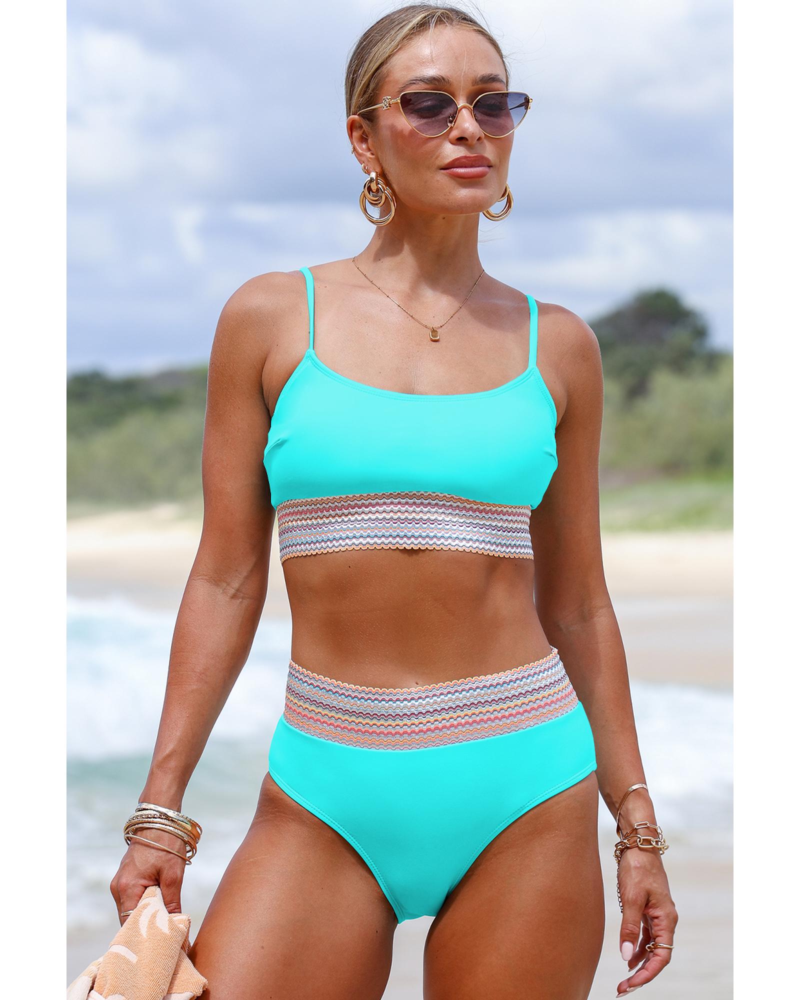 Turquoise Striped Patchwork Spaghetti Strap High Waist Bikini Swimsuit - L 5