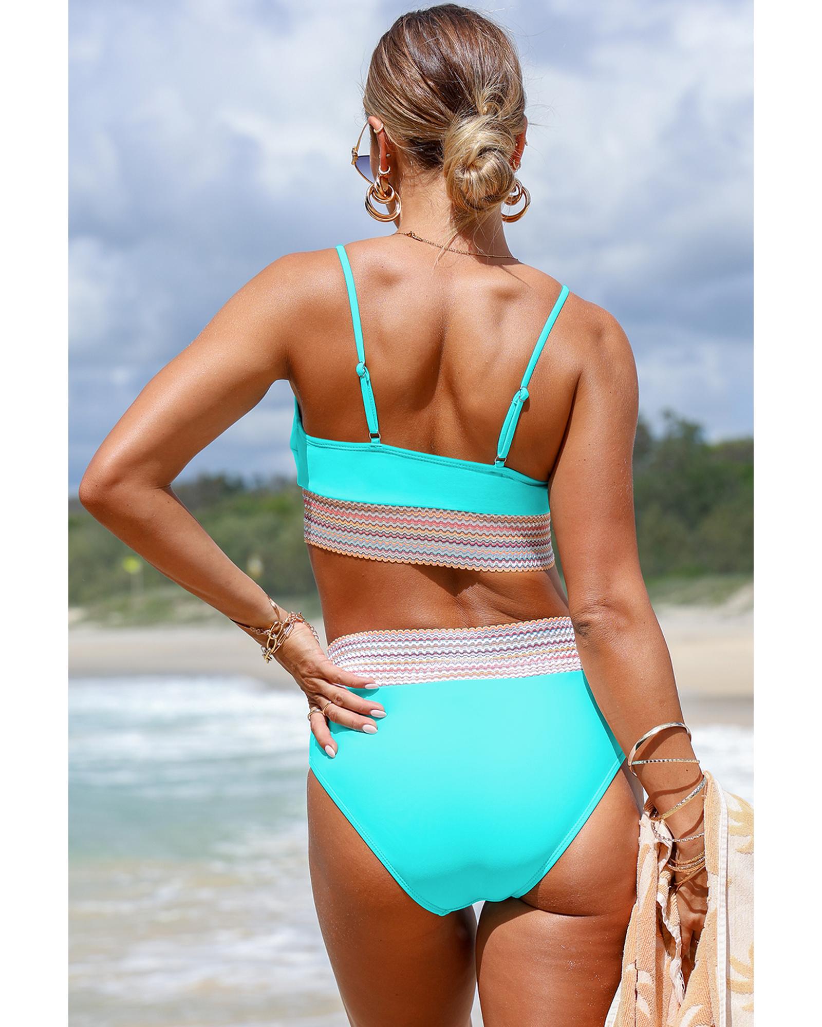 Turquoise Striped Patchwork Spaghetti Strap High Waist Bikini Swimsuit - XL 7
