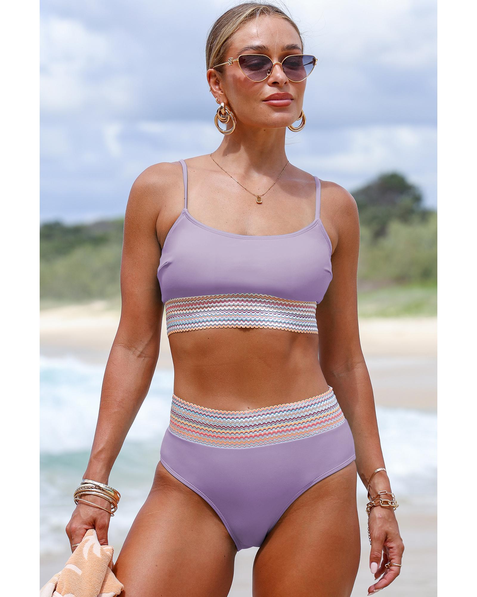 Orchid Petal Striped Patchwork Spaghetti Strap High Waist Bikini Swimsuit - M 3