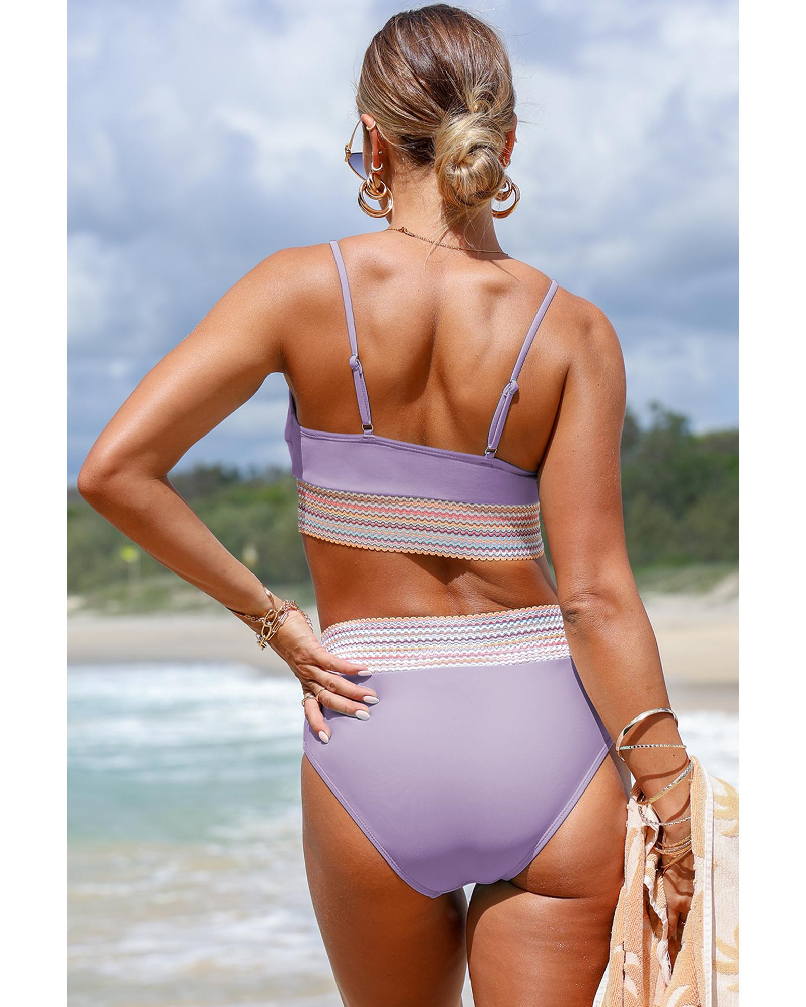 Orchid Petal Striped Patchwork Spaghetti Strap High Waist Bikini Swimsuit - M 4