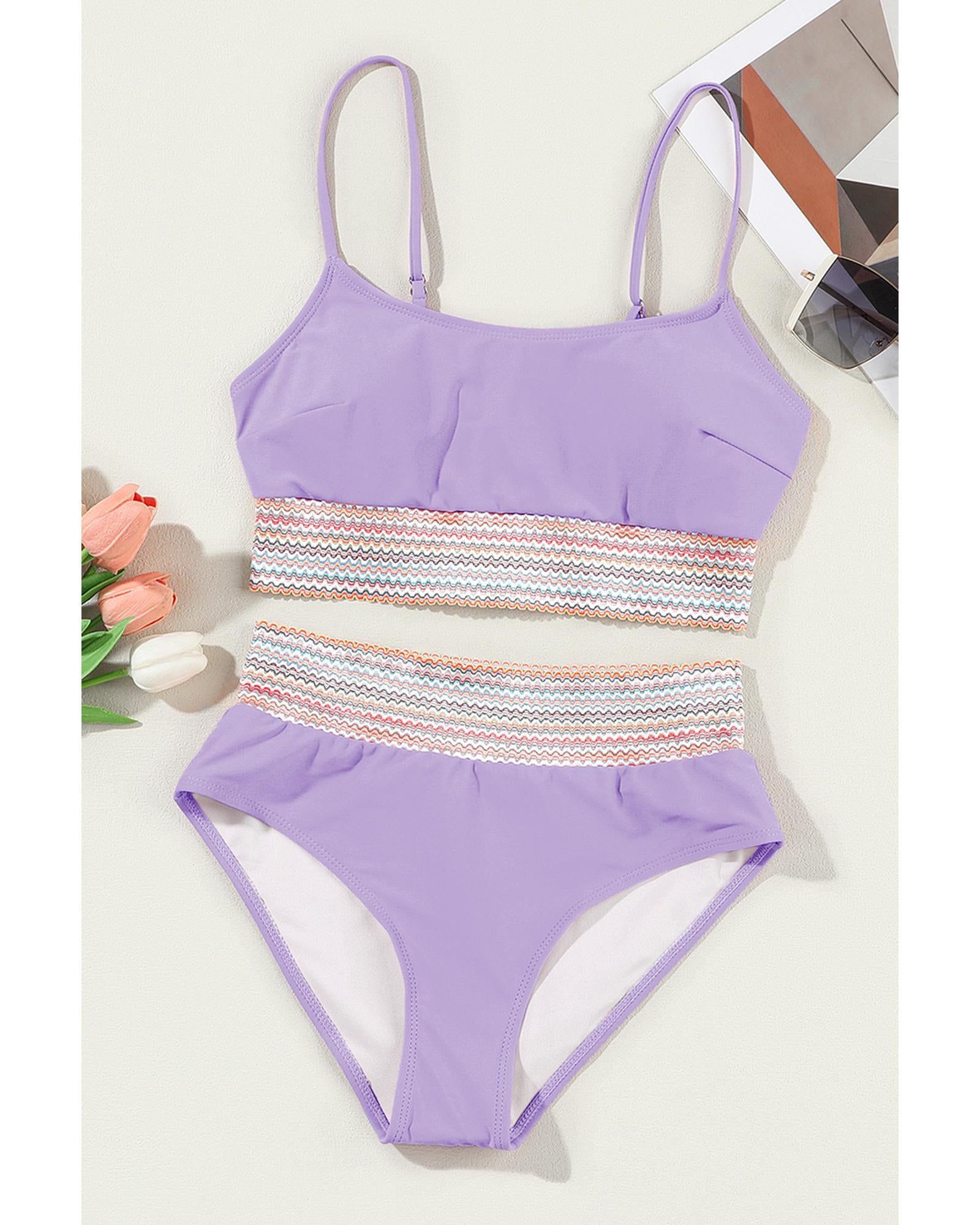 Orchid Petal Striped Patchwork Spaghetti Strap High Waist Bikini Swimsuit - M 8