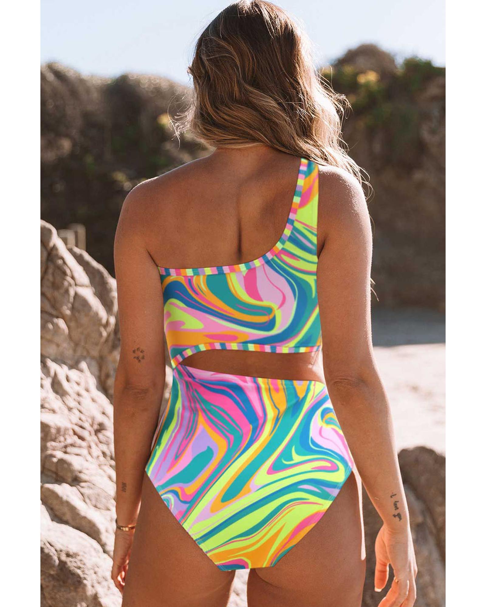 Multicolor Abstract Swirl Print Asymmetric Cutout One Piece Swimsuit - M 5