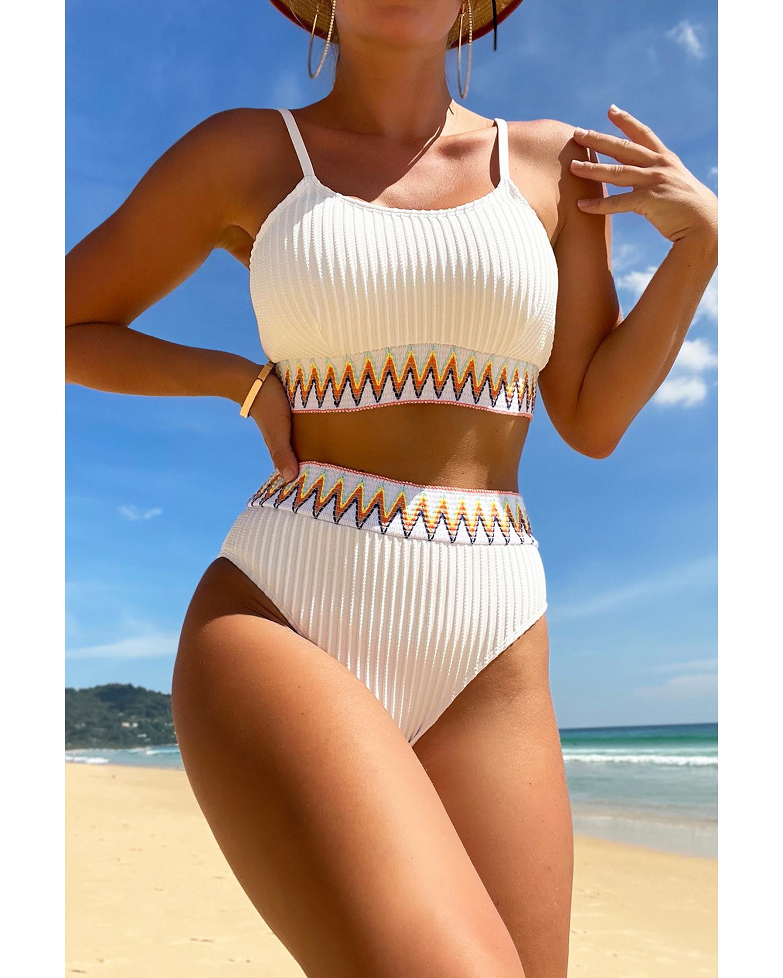White Textured Contrast Banding Bikini High Waist 2pcs Swimsuit - L 3