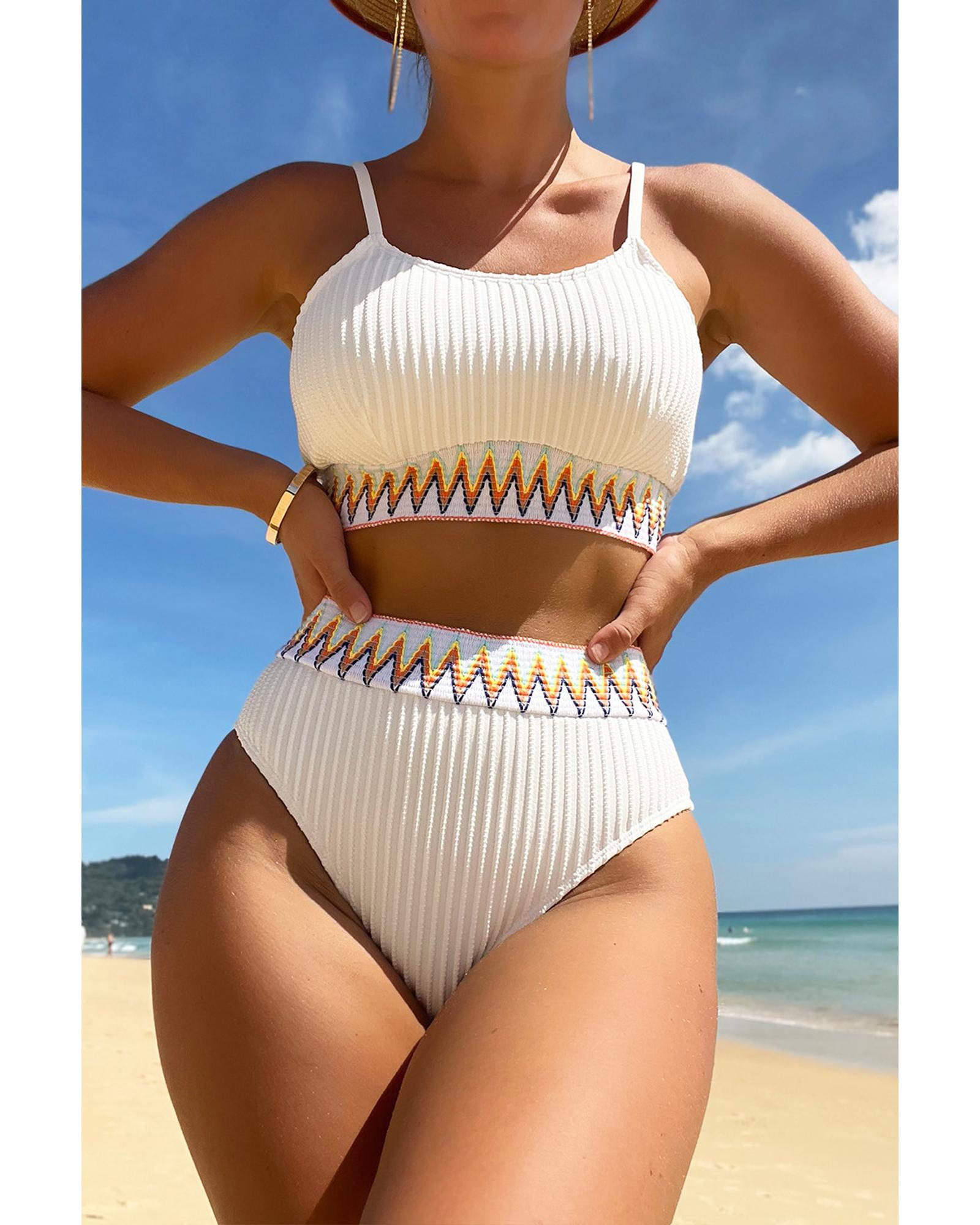 White Textured Contrast Banding Bikini High Waist 2pcs Swimsuit - M 4