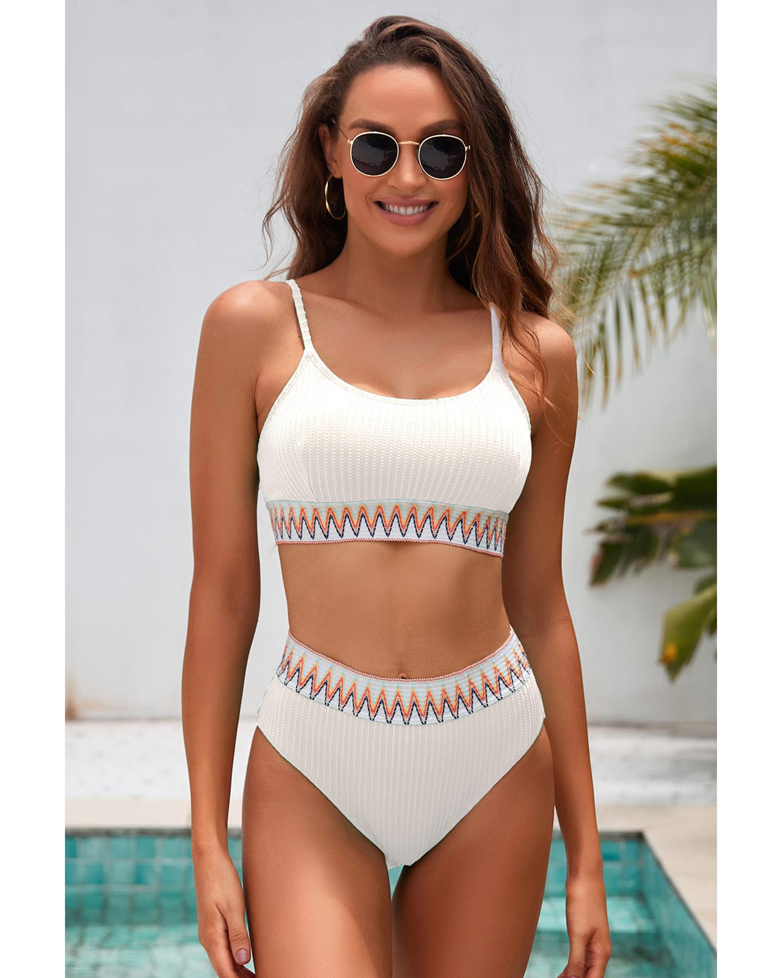 White Textured Contrast Banding Bikini High Waist 2pcs Swimsuit - XL 4