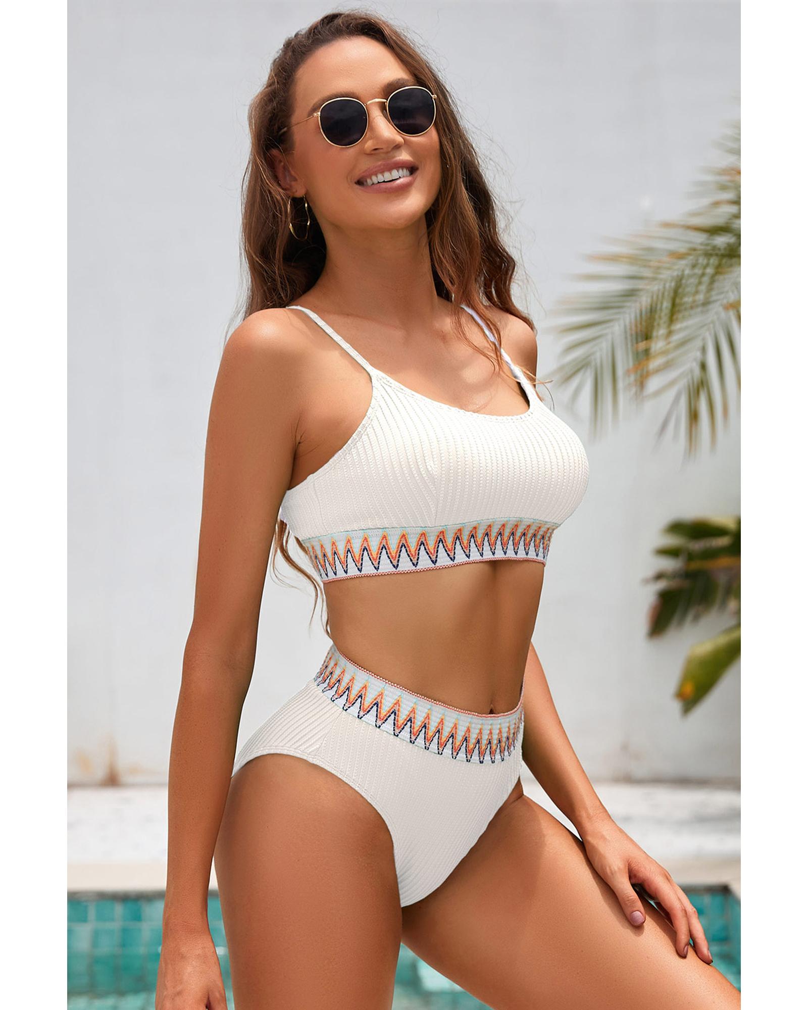 White Textured Contrast Banding Bikini High Waist 2pcs Swimsuit - XL 6