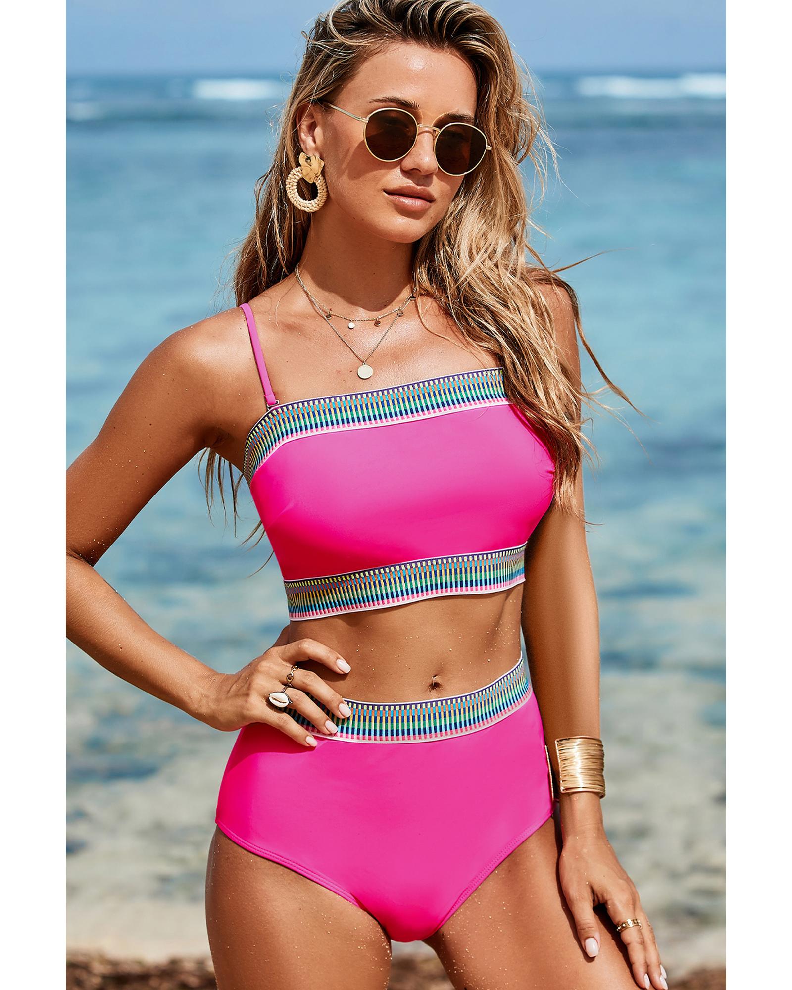Rose Red Contrast Banding Tube Bikini High Waist 2pcs Swimsuit - S 4