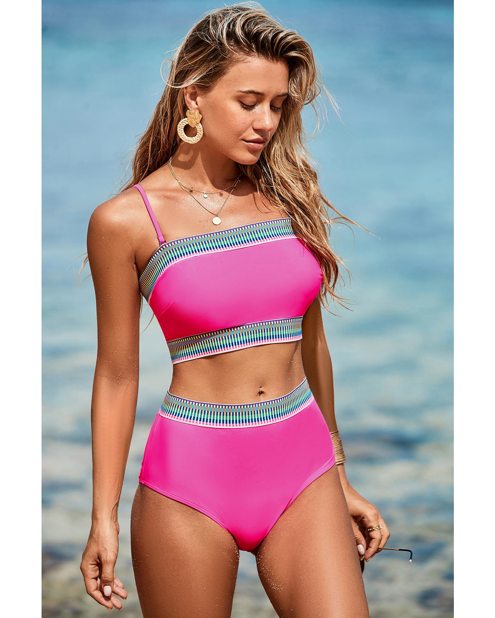 Rose Red Contrast Banding Tube Bikini High Waist 2pcs Swimsuit - S 6