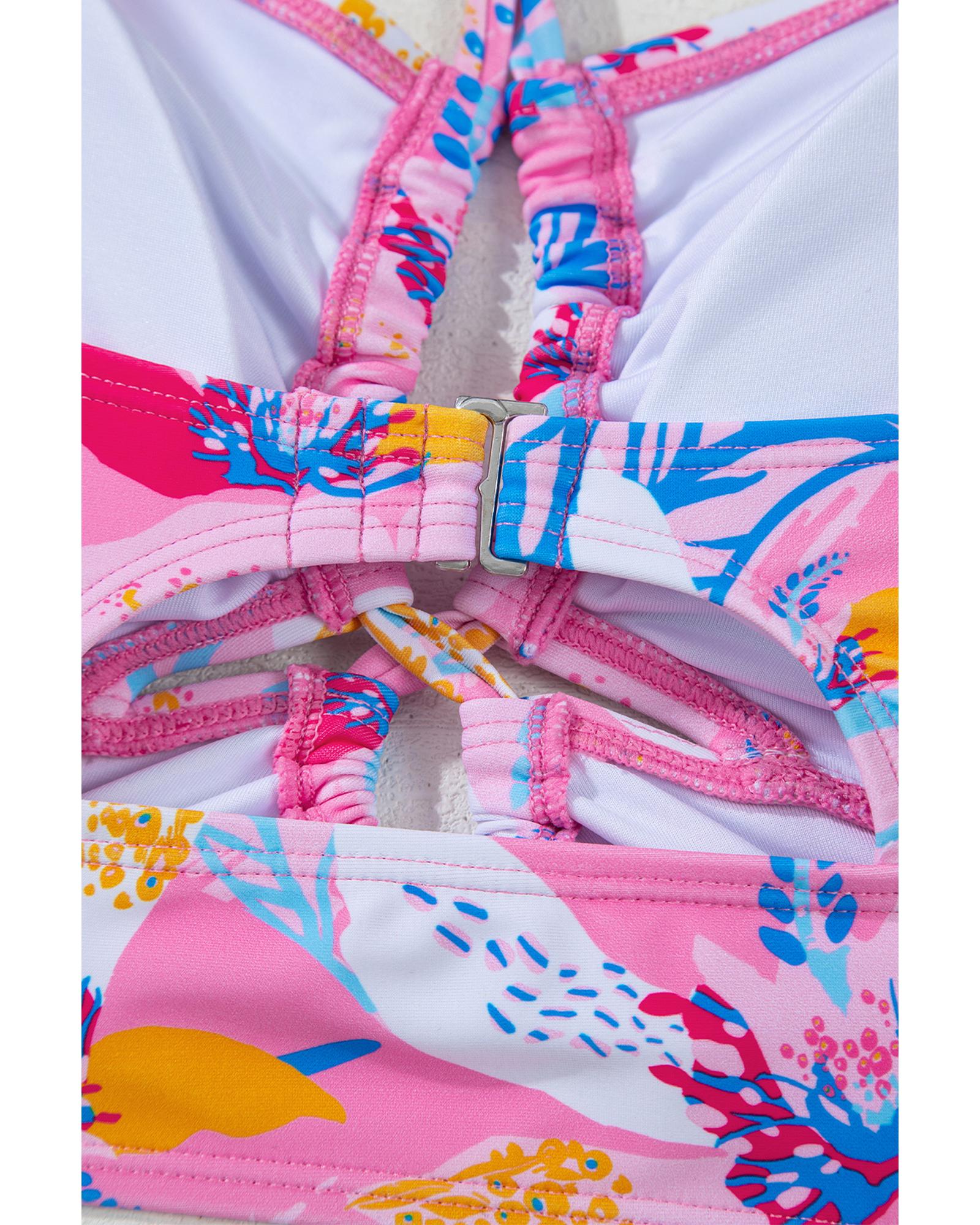 Pink Floral Printed Halter Neck High Waist Bikini - L 4