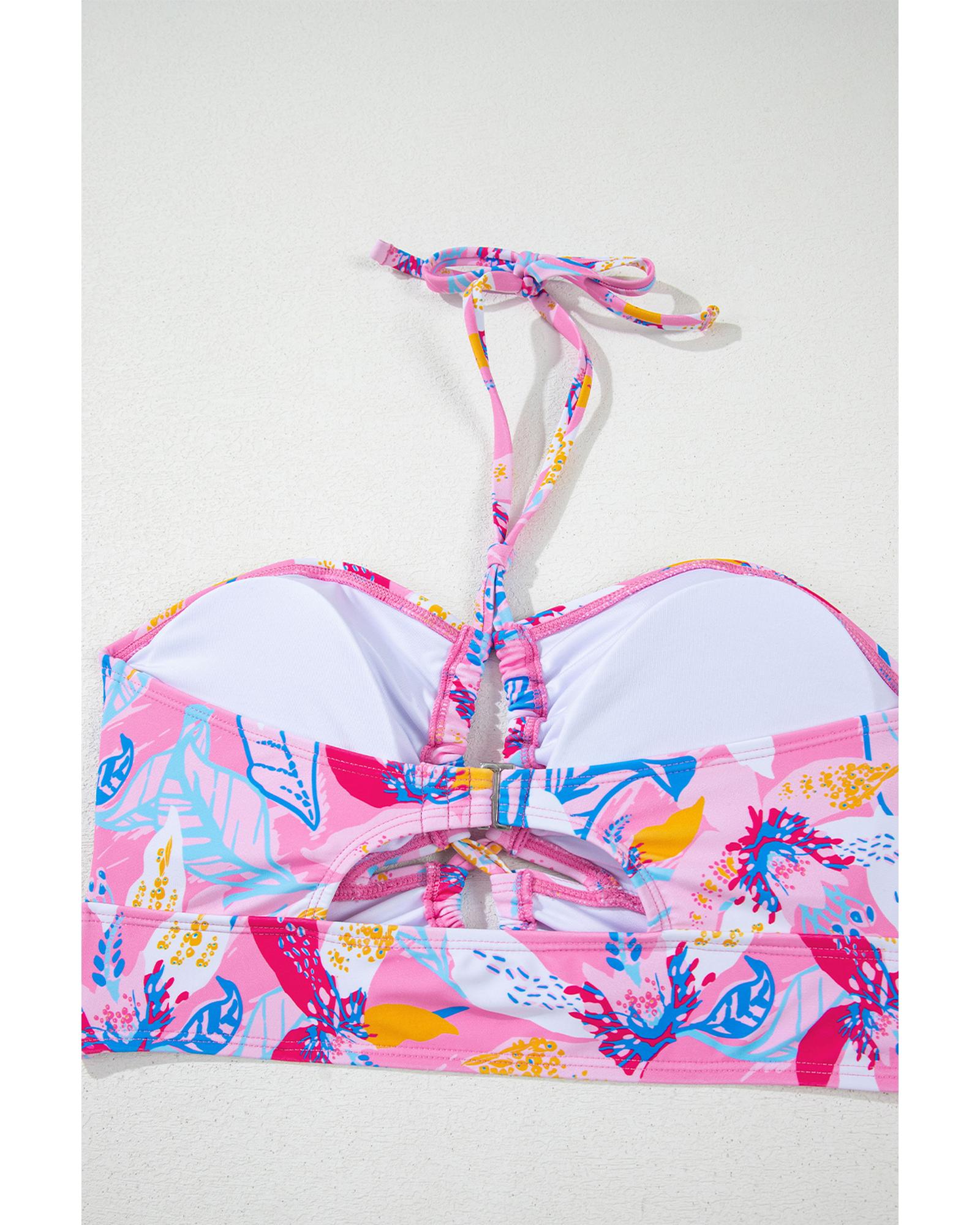Pink Floral Printed Halter Neck High Waist Bikini - M 7