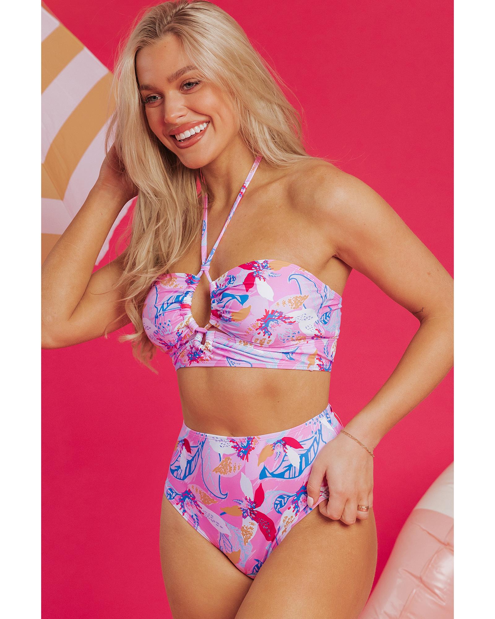 Pink Floral Printed Halter Neck High Waist Bikini - XL 3