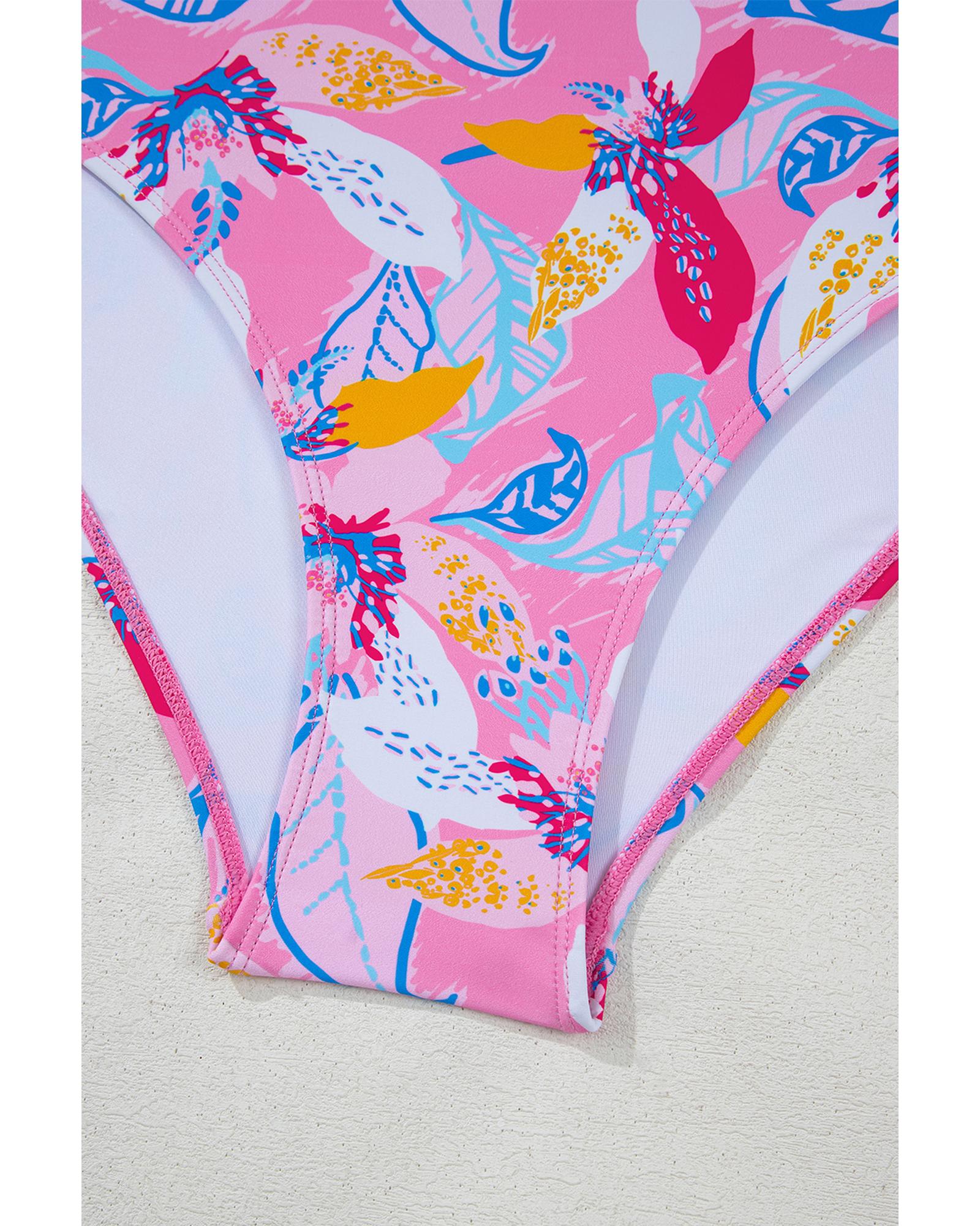 Pink Floral Printed Halter Neck High Waist Bikini - XL 5
