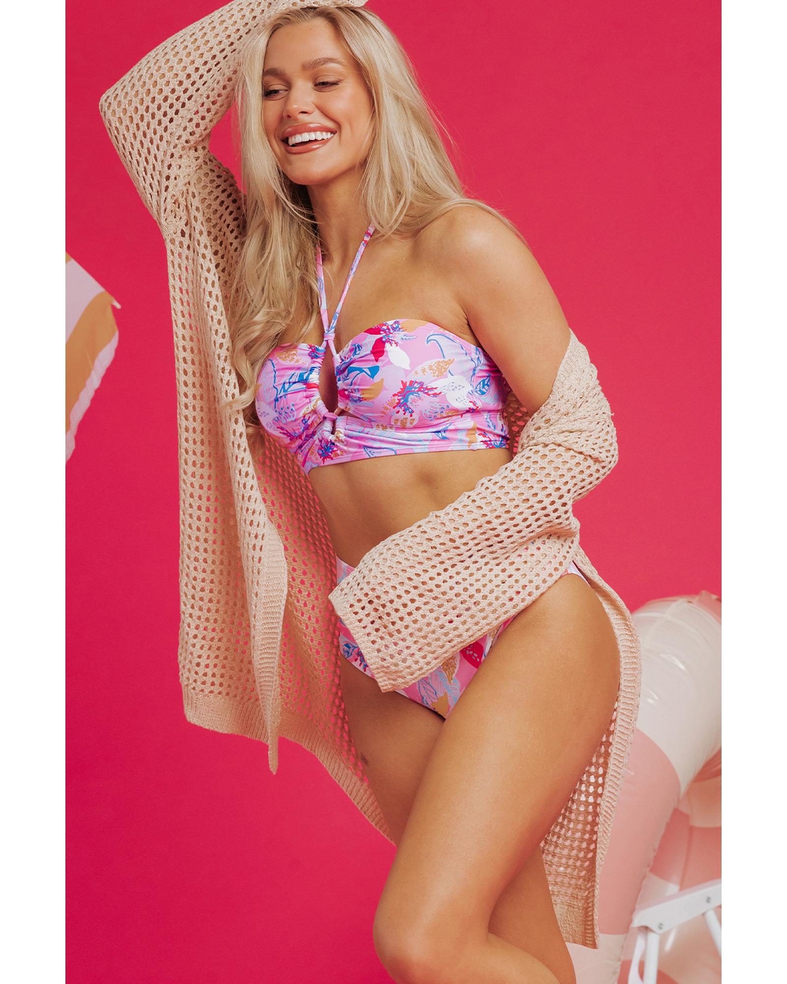 Pink Floral Printed Halter Neck High Waist Bikini - XL 6