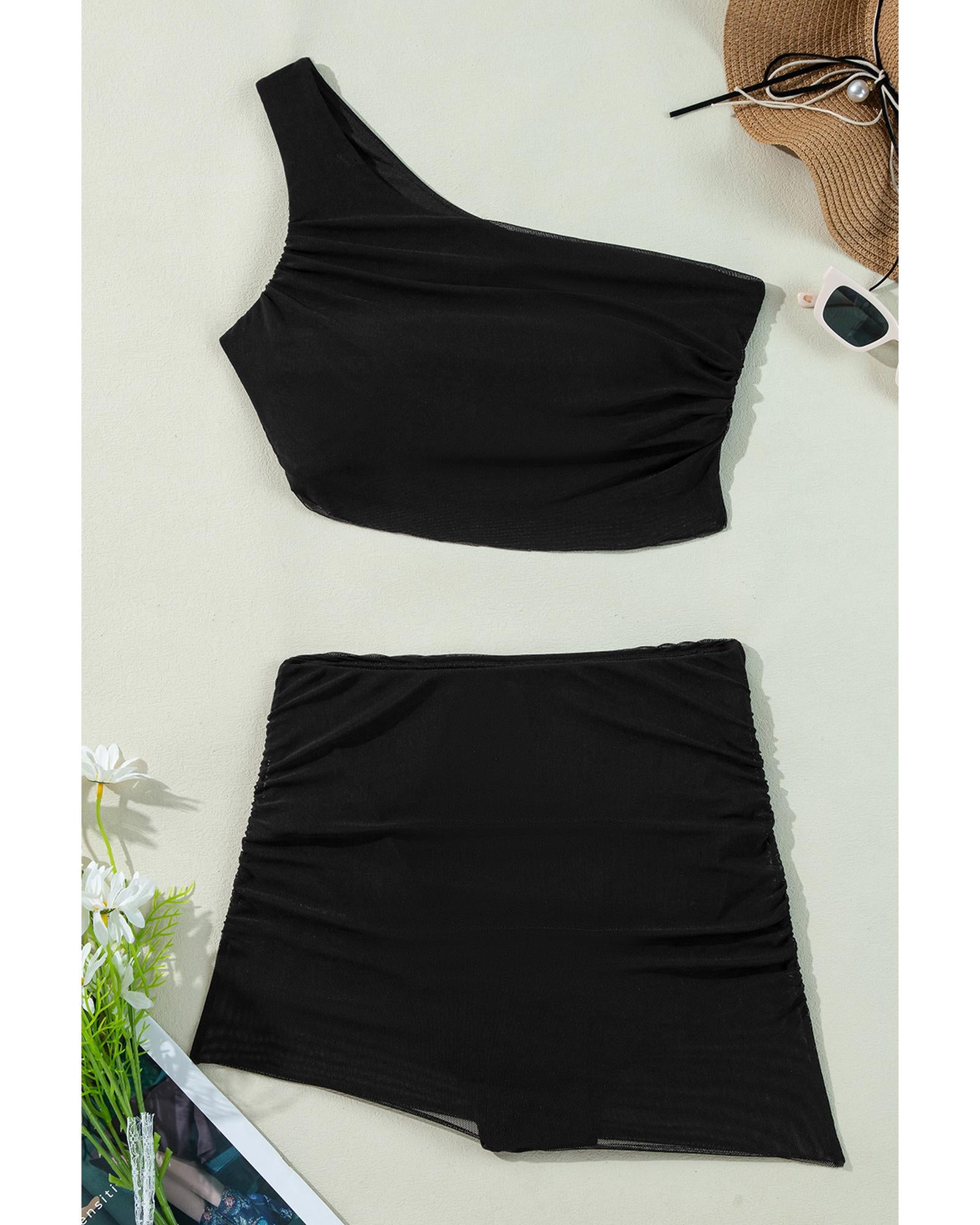 Black Pleated Mesh One Shoulder Bikini Top and Skirts Set - S 6