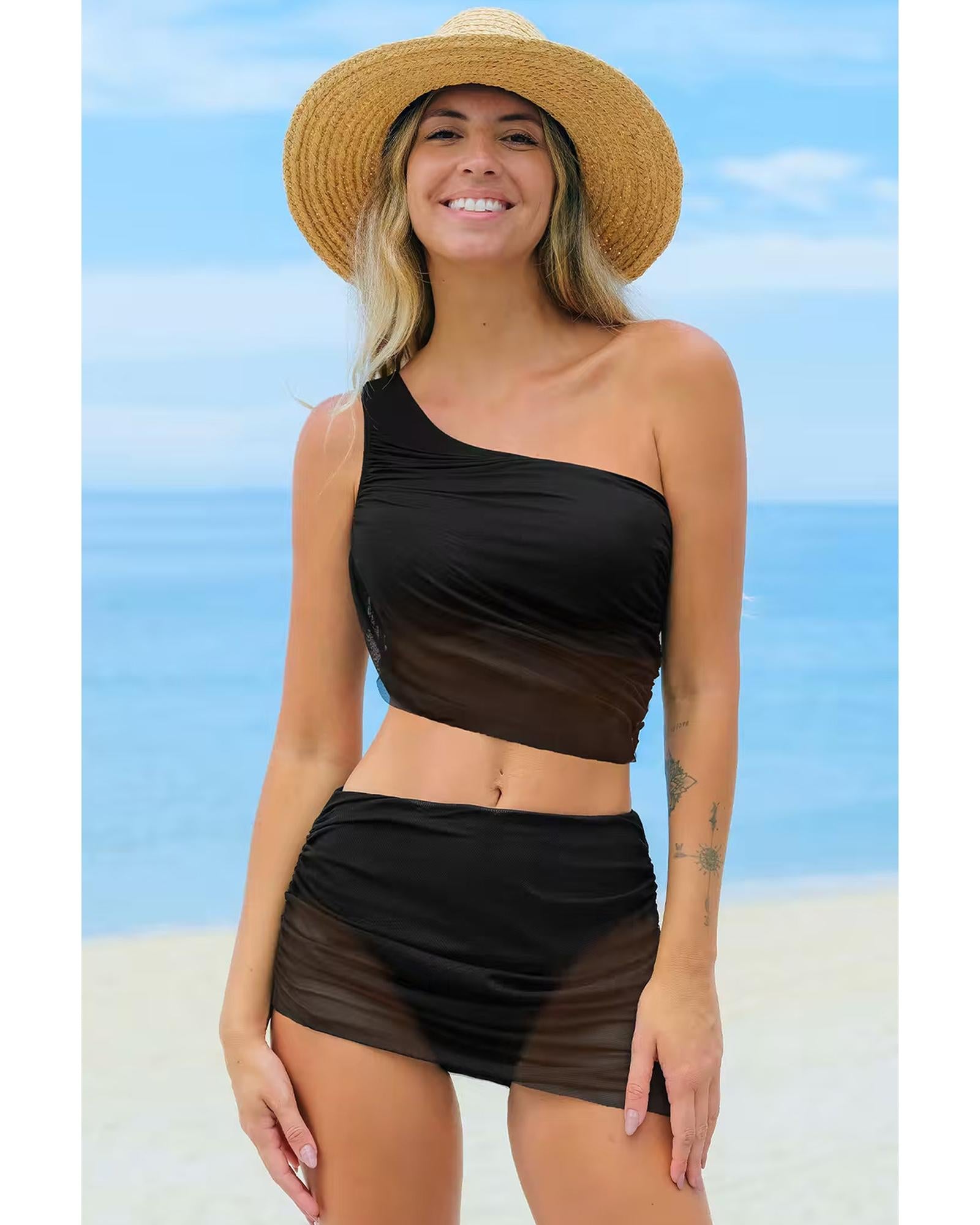 Black Pleated Mesh One Shoulder Bikini Top and Skirts Set - XL 3