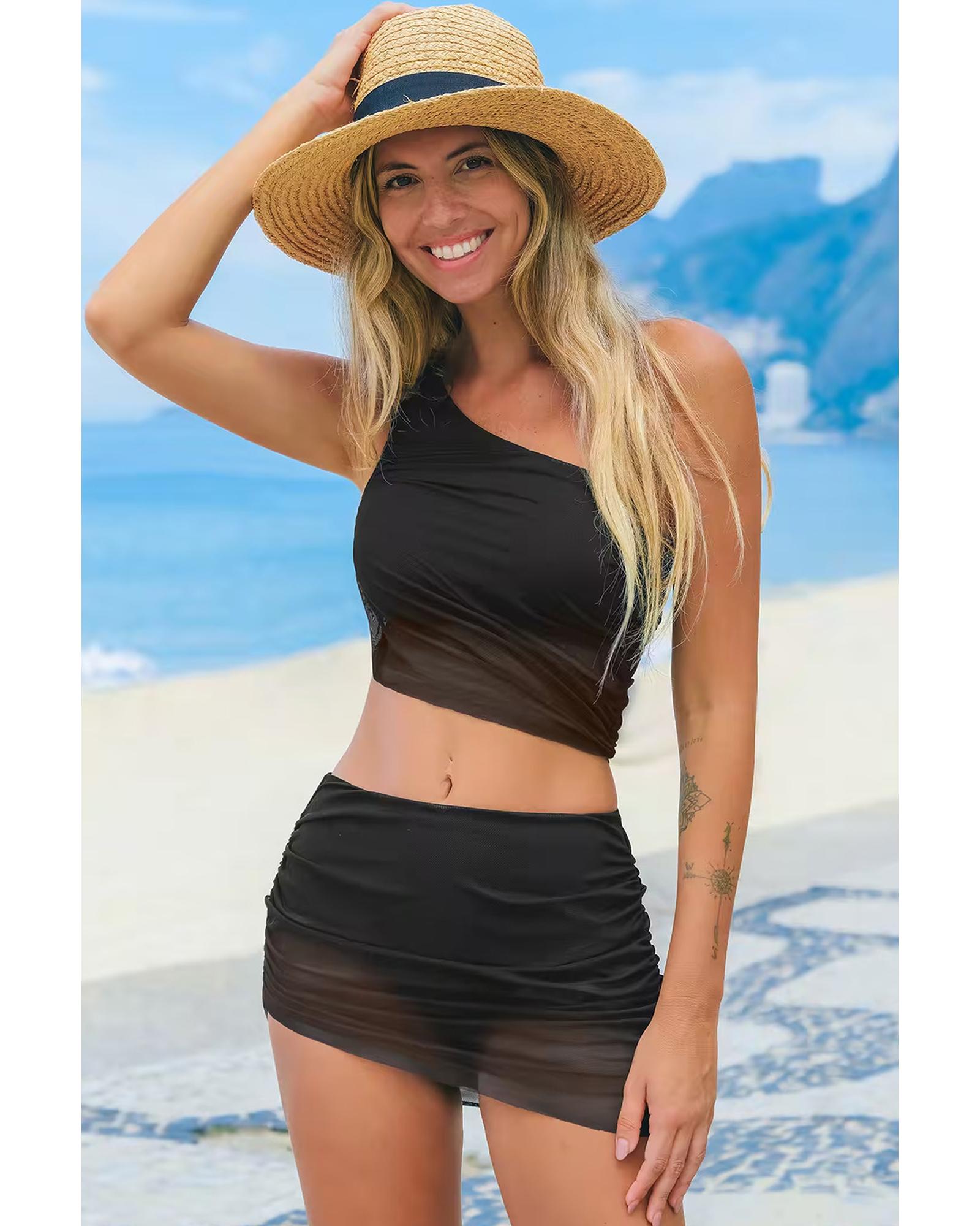 Black Pleated Mesh One Shoulder Bikini Top and Skirts Set - XL 4