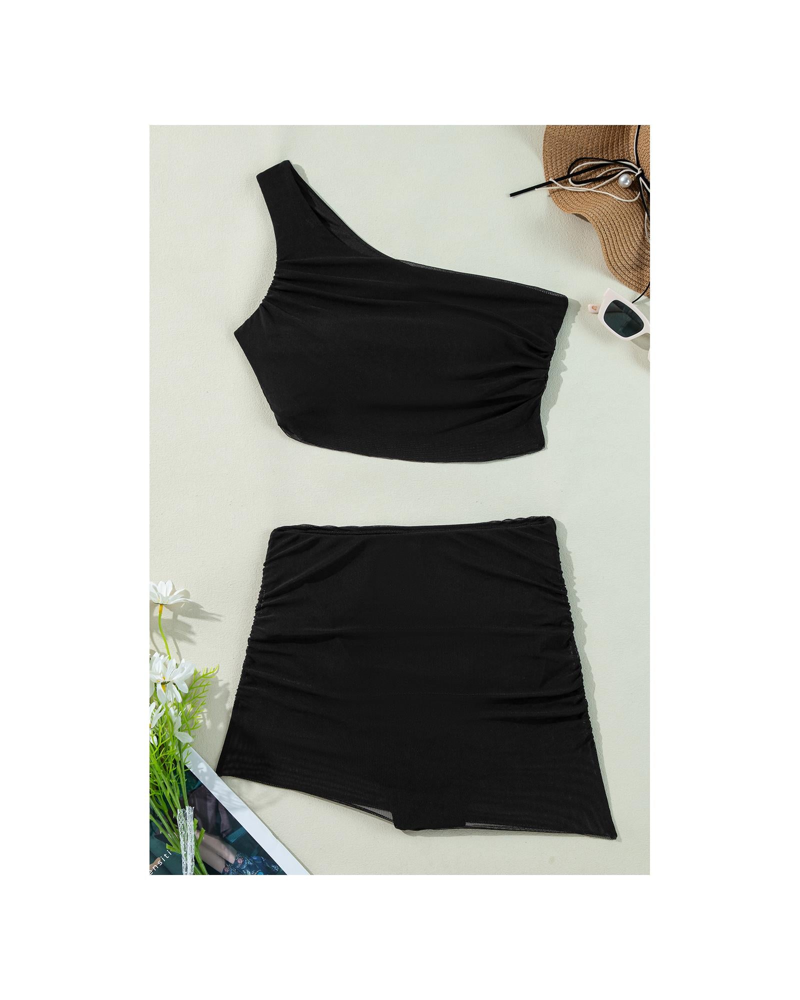 Black Pleated Mesh One Shoulder Bikini Top and Skirts Set - XL 6