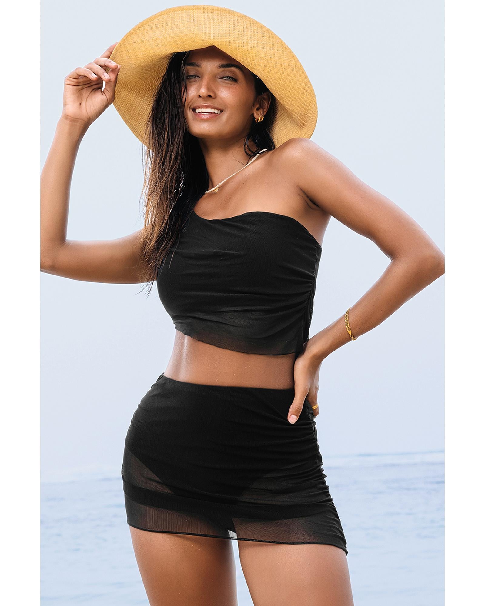 Black Pleated Mesh One Shoulder Bikini Top and Skirts Set - XL 7