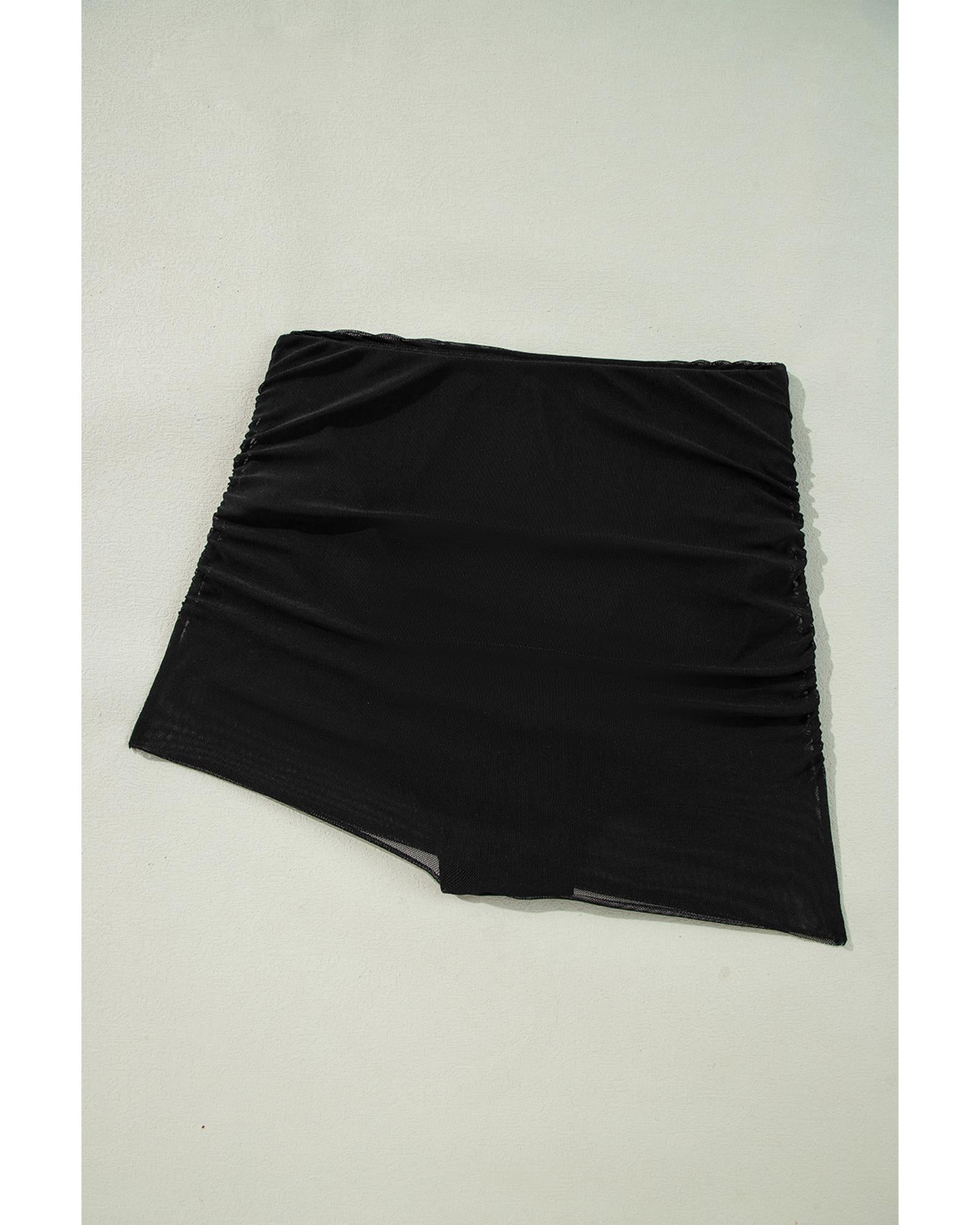 Black Pleated Mesh One Shoulder Bikini Top and Skirts Set - XL 8
