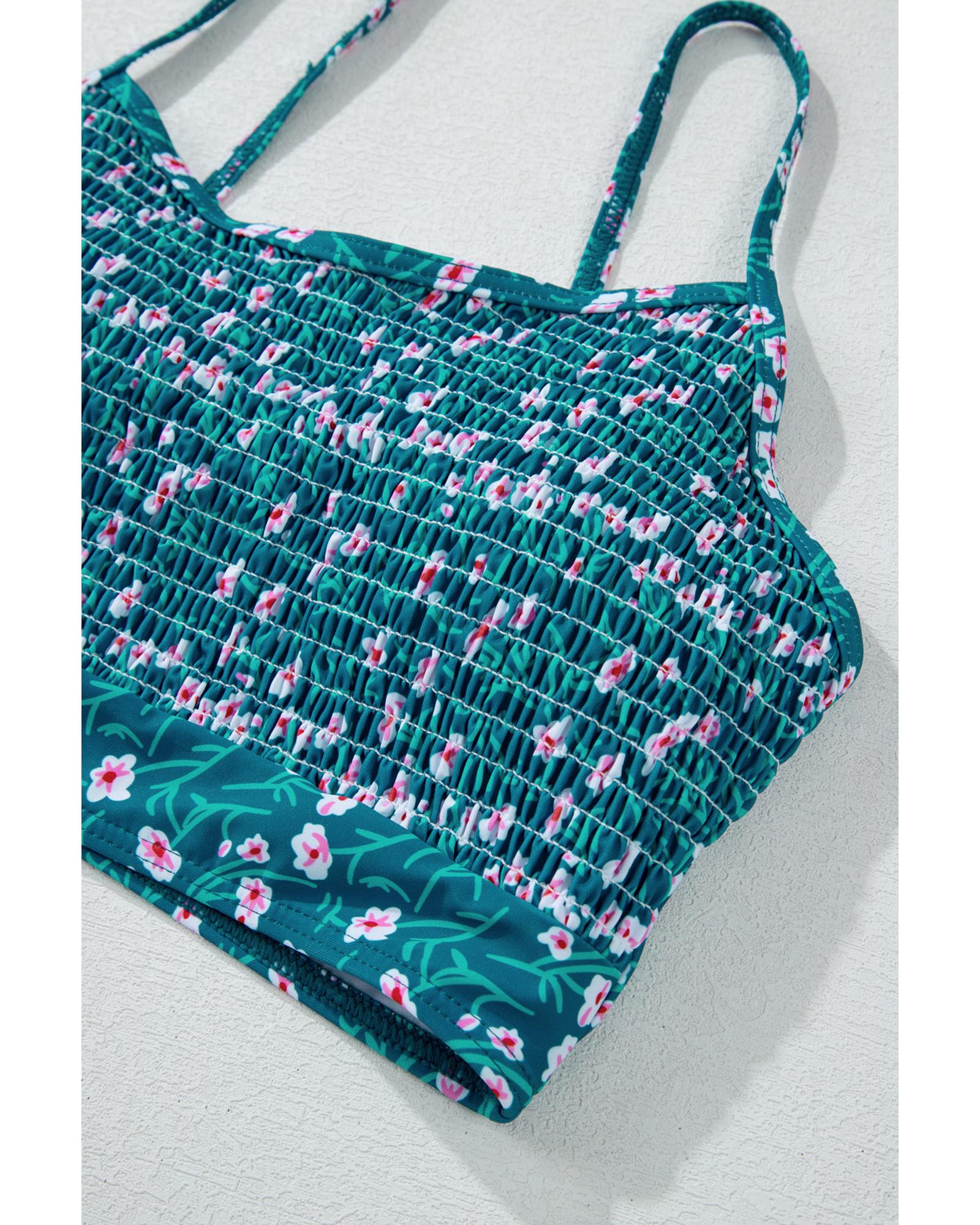 Blue Floral Print Smocked Cute Bikini Set - L 8