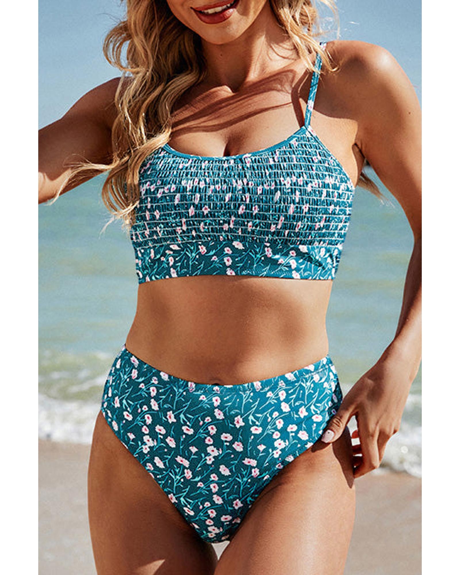 Blue Floral Print Smocked Cute Bikini Set - XL