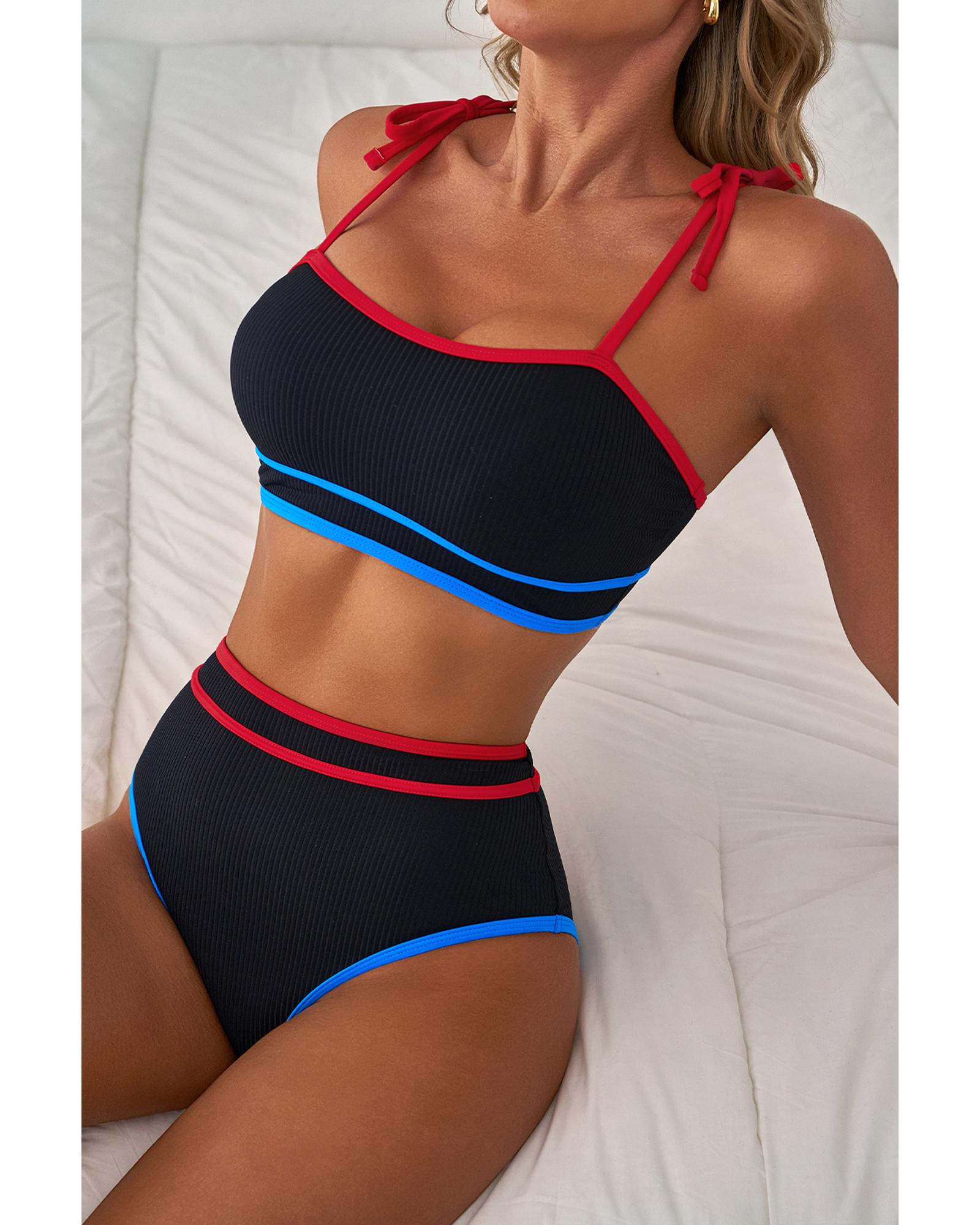 Black Triple Color Trimmed High Waist Bikini Set - 2XL 3