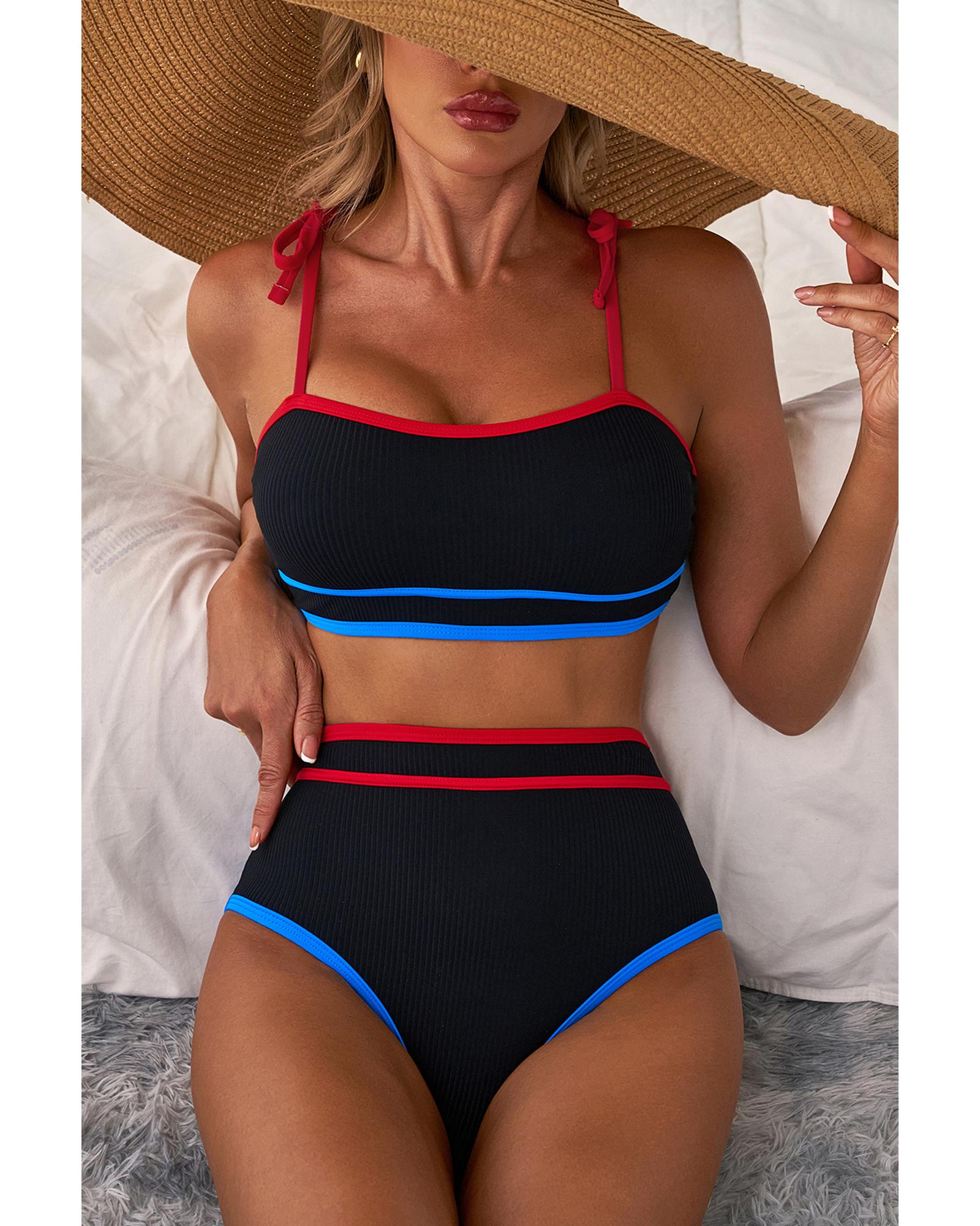 Black Triple Color Trimmed High Waist Bikini Set - 2XL 5