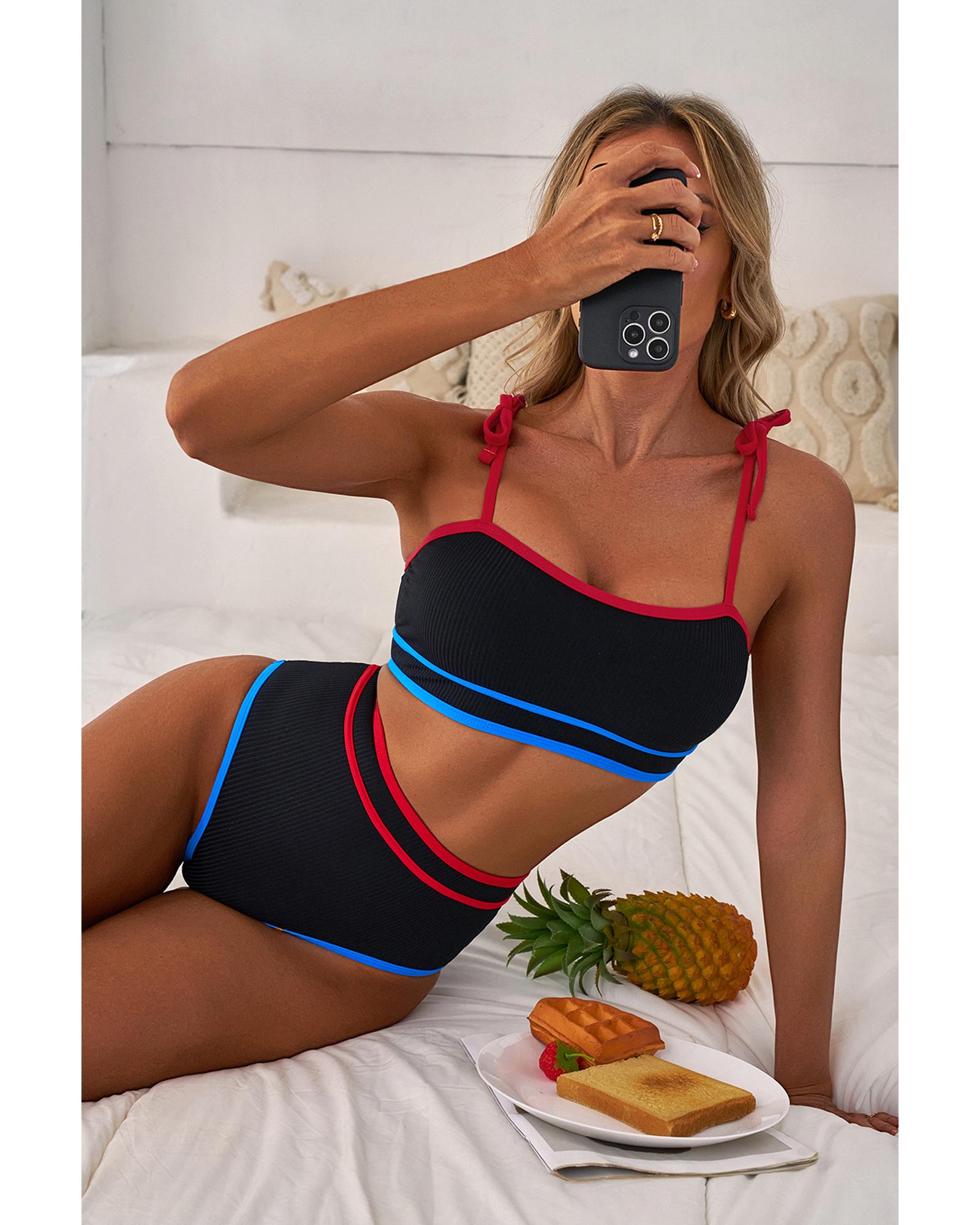 Black Triple Color Trimmed High Waist Bikini Set - 2XL 6