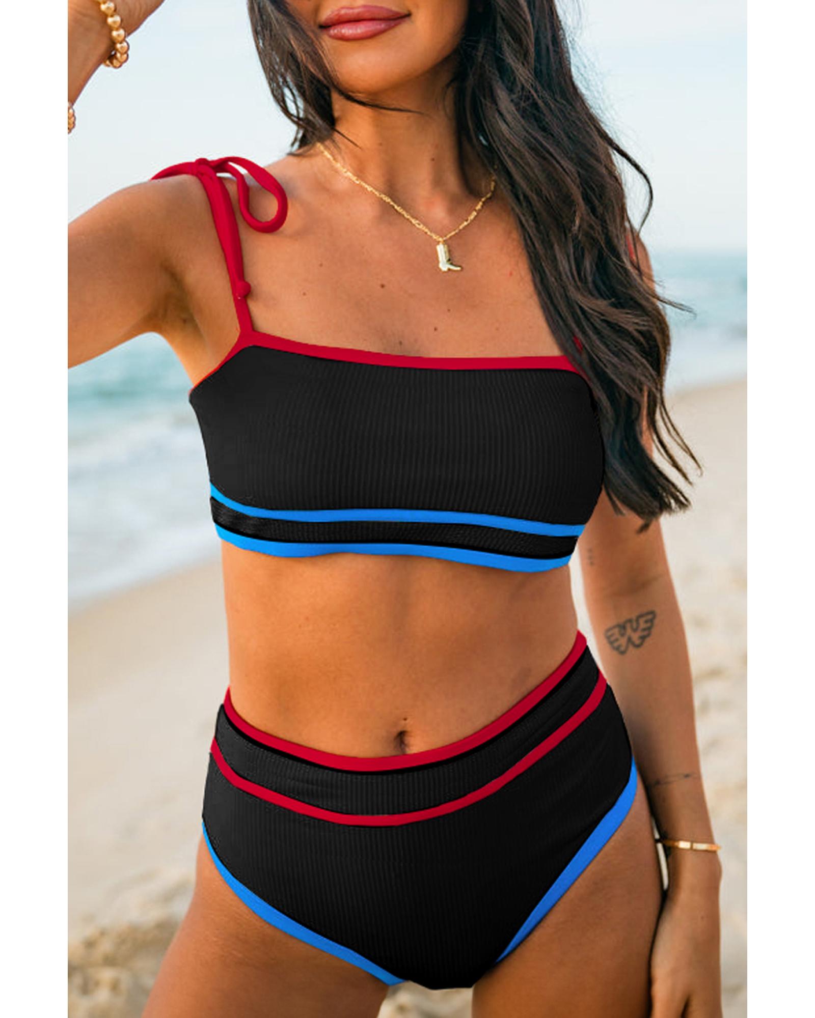 Black Triple Color Trimmed High Waist Bikini Set - 2XL 7
