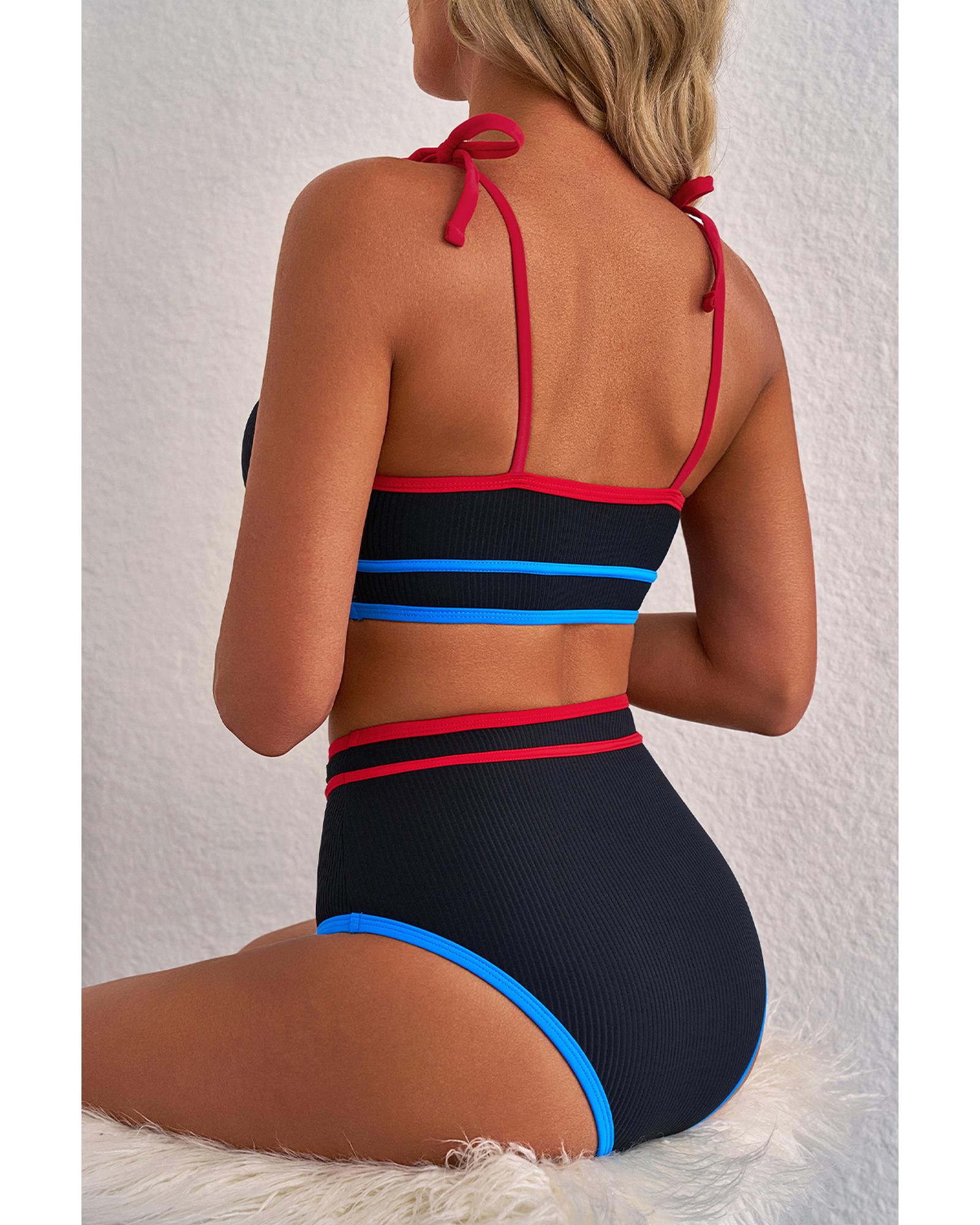 Black Triple Color Trimmed High Waist Bikini Set - XL