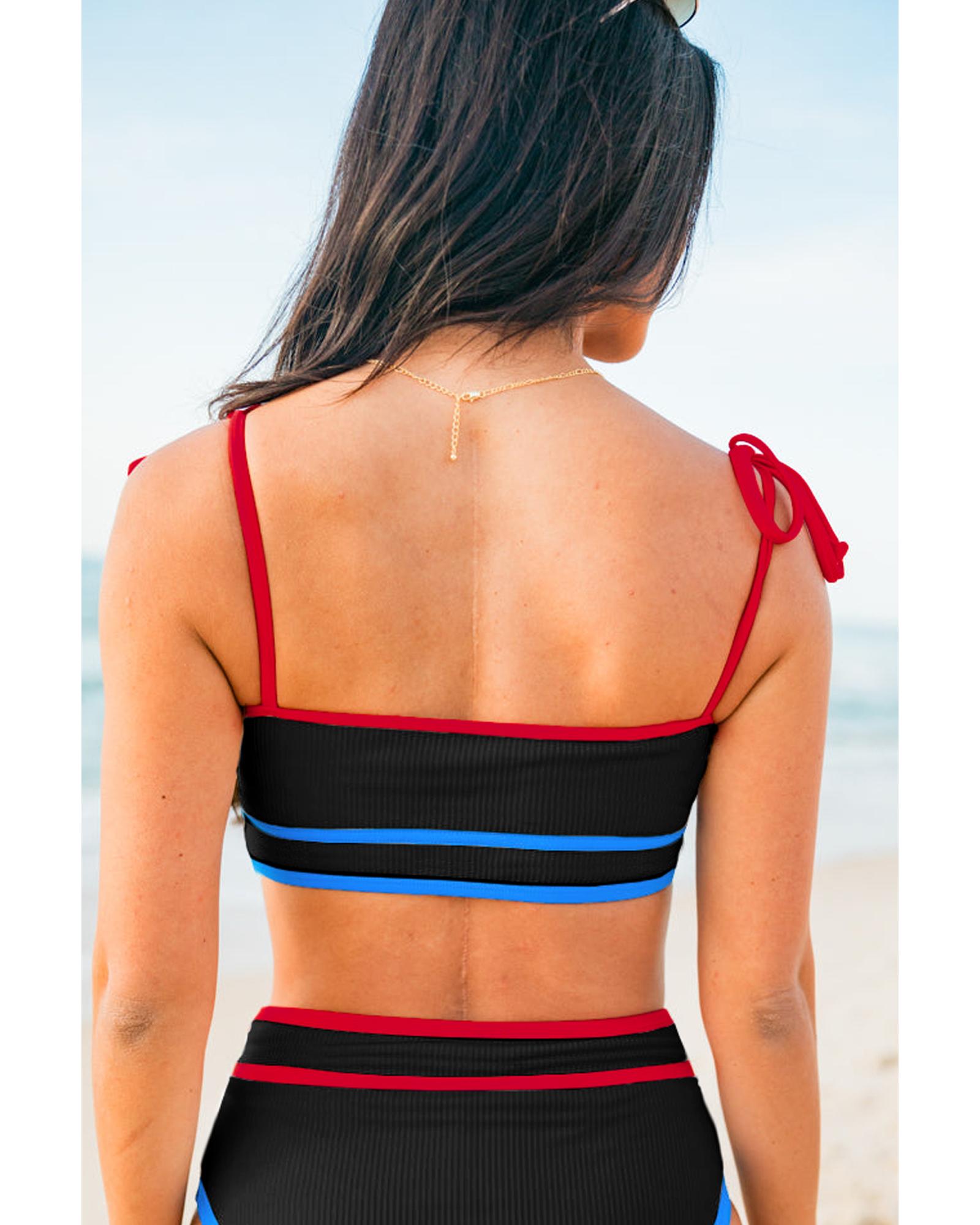 Black Triple Color Trimmed High Waist Bikini Set - XL 8