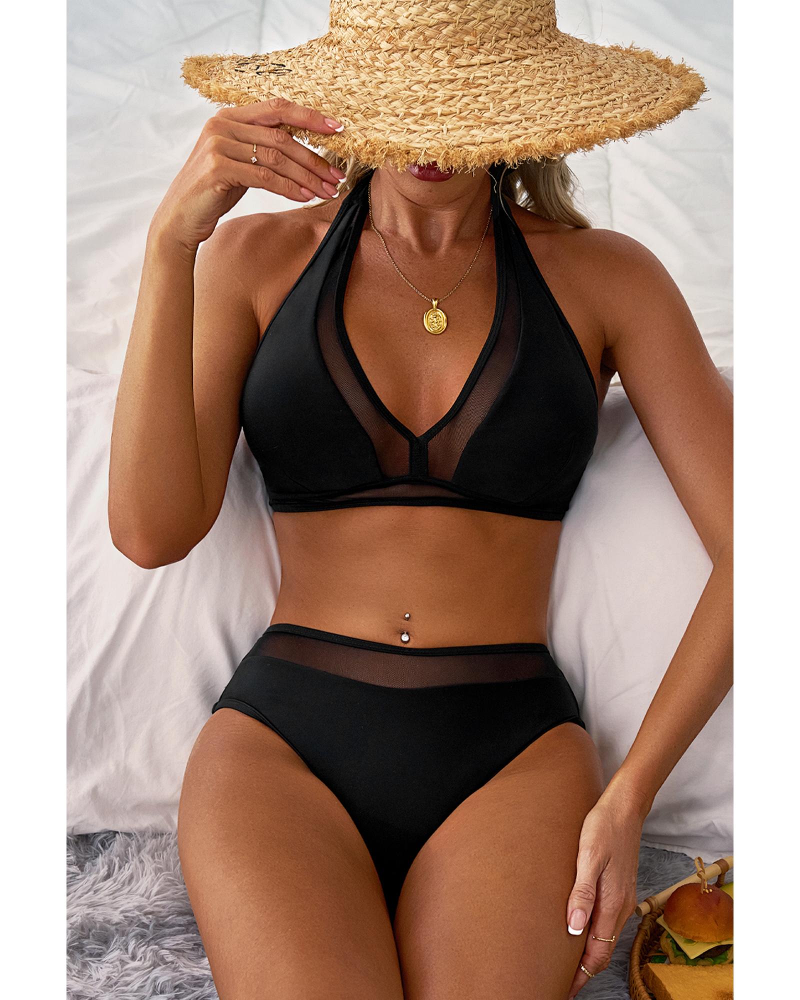 Black Sheer Mesh Edged Halter V Neck Push Up Bikini - 2XL 5