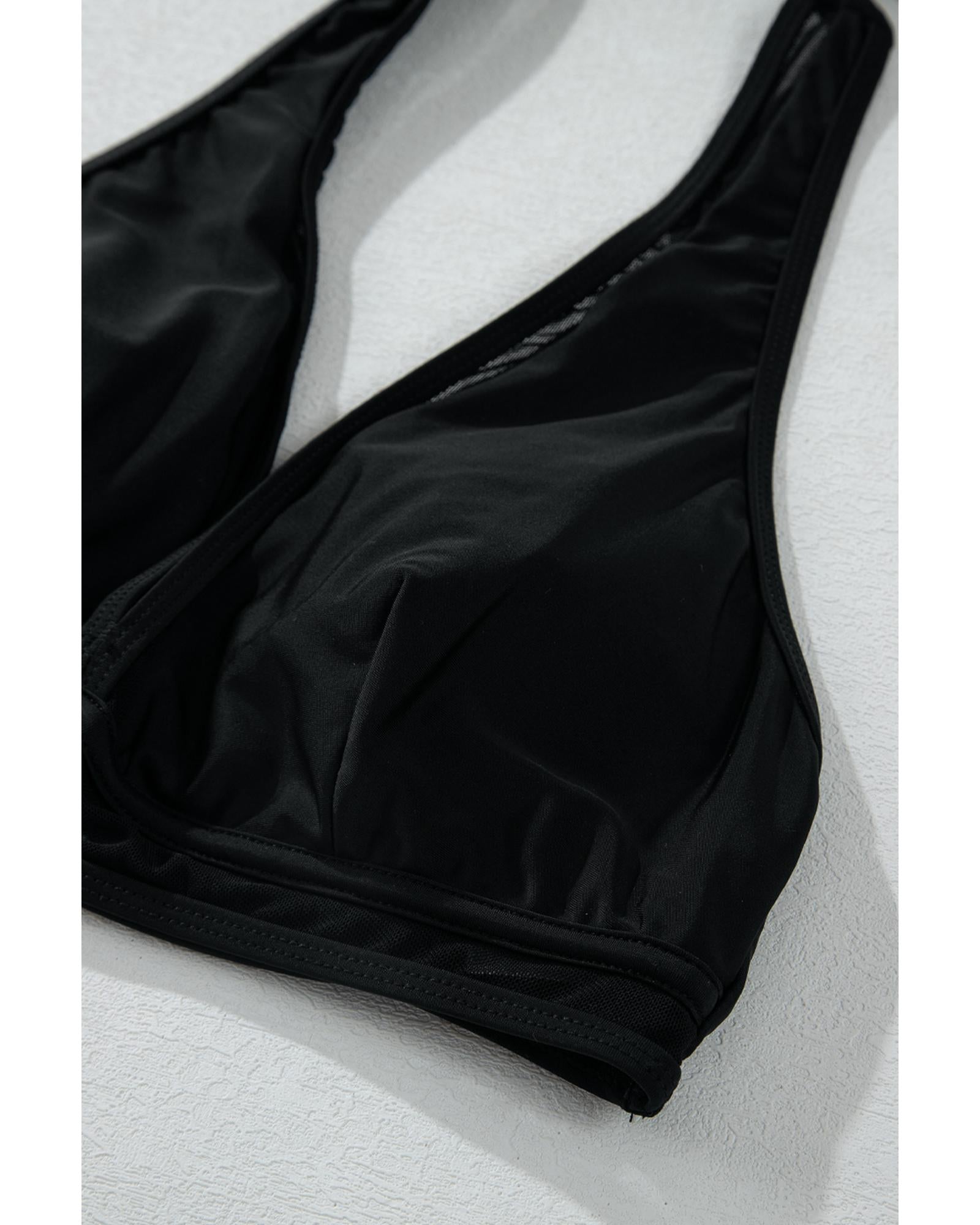 Black Sheer Mesh Edged Halter V Neck Push Up Bikini - S 4