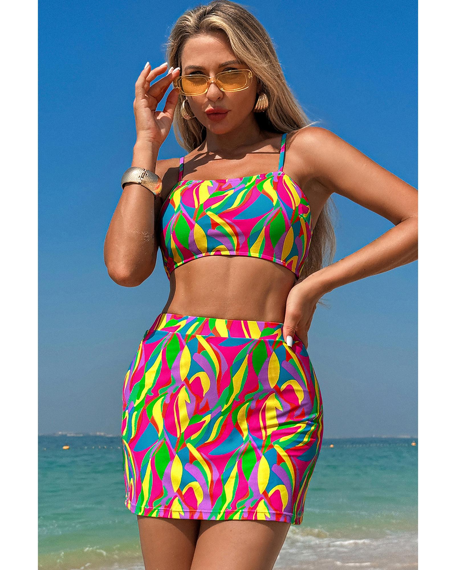 Multicolour Abstract Print Textured Spaghetti Strap High Waist Bikini Set - L 5