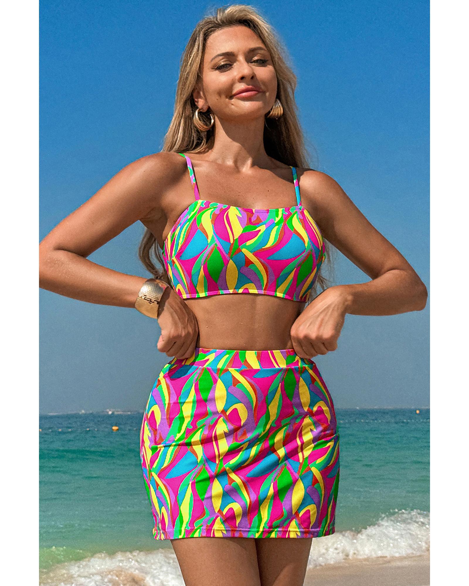 Multicolour Abstract Print Textured Spaghetti Strap High Waist Bikini Set - L 7