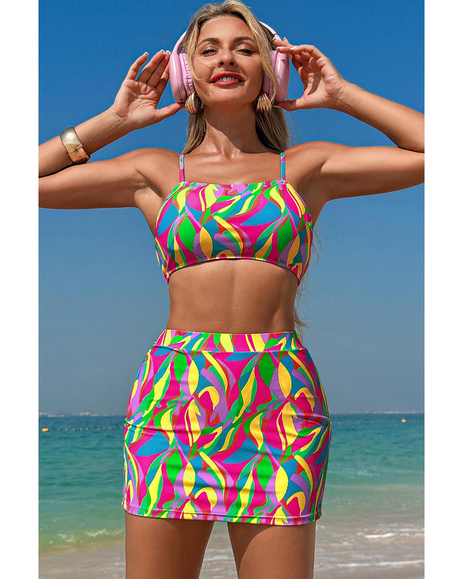 Multicolour Abstract Print Textured Spaghetti Strap High Waist Bikini Set - S 6