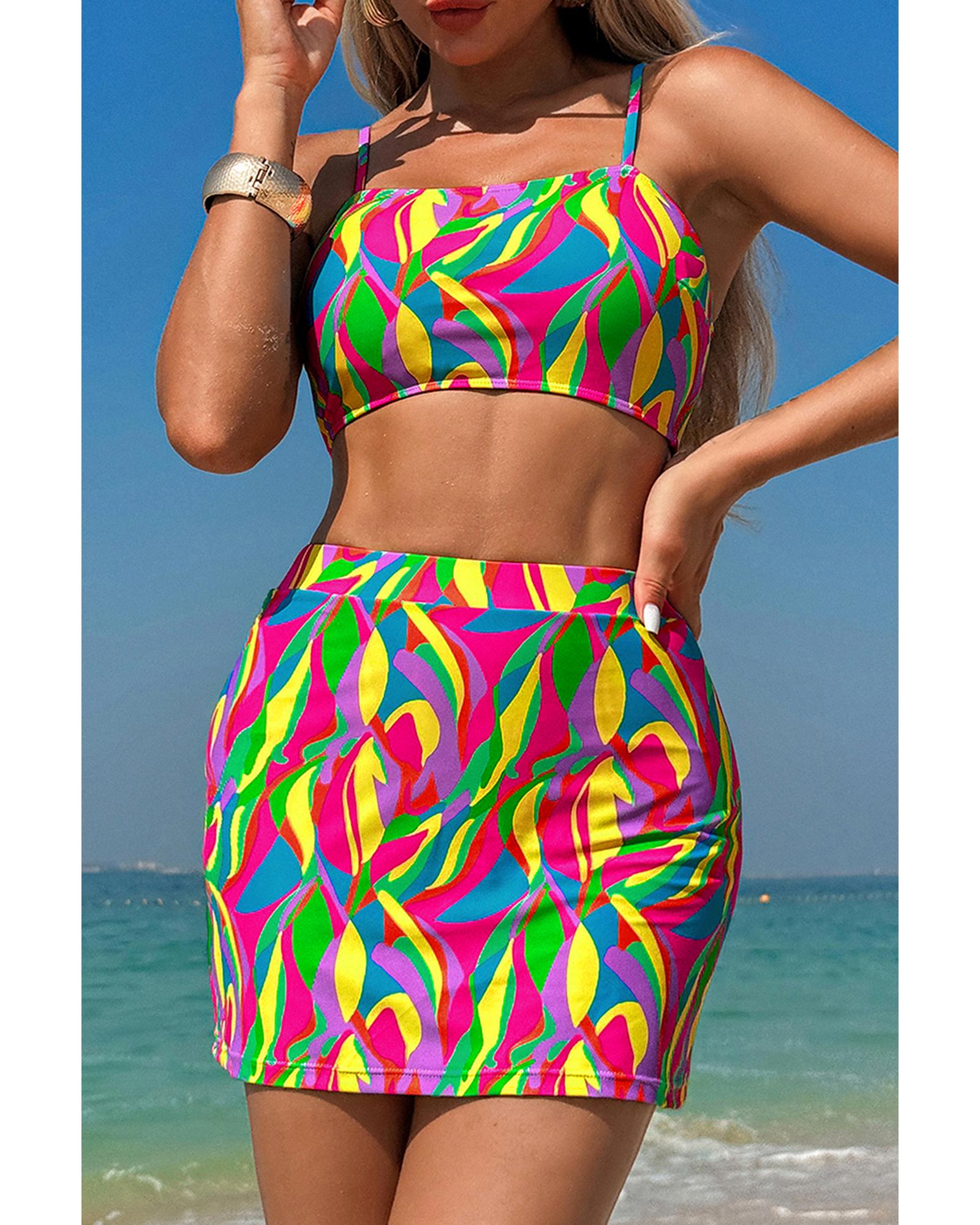 Multicolour Abstract Print Textured Spaghetti Strap High Waist Bikini Set - S 8