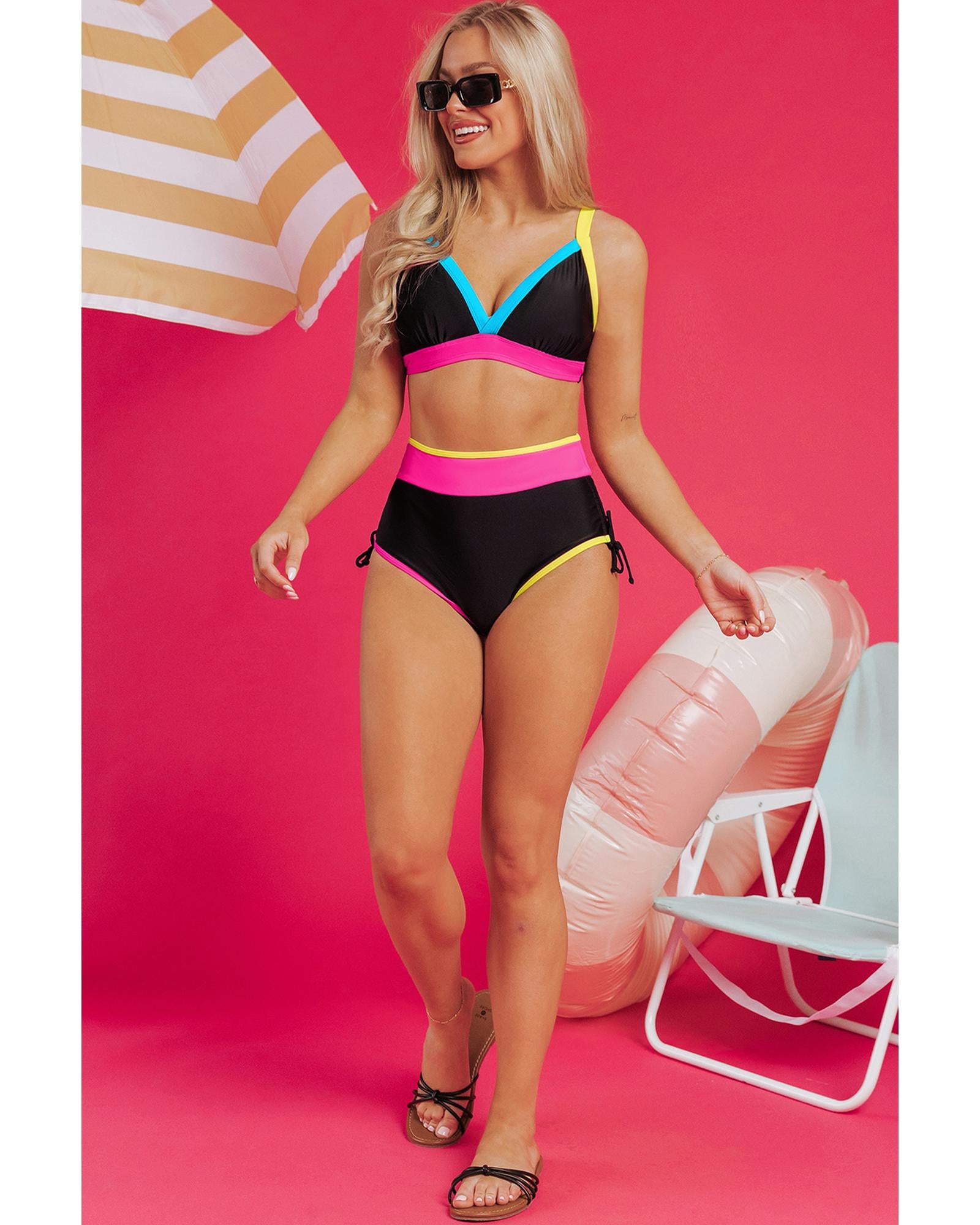 Black Color Block Drawstring Side V Neck High Waist Bikini Set - 2XL 5