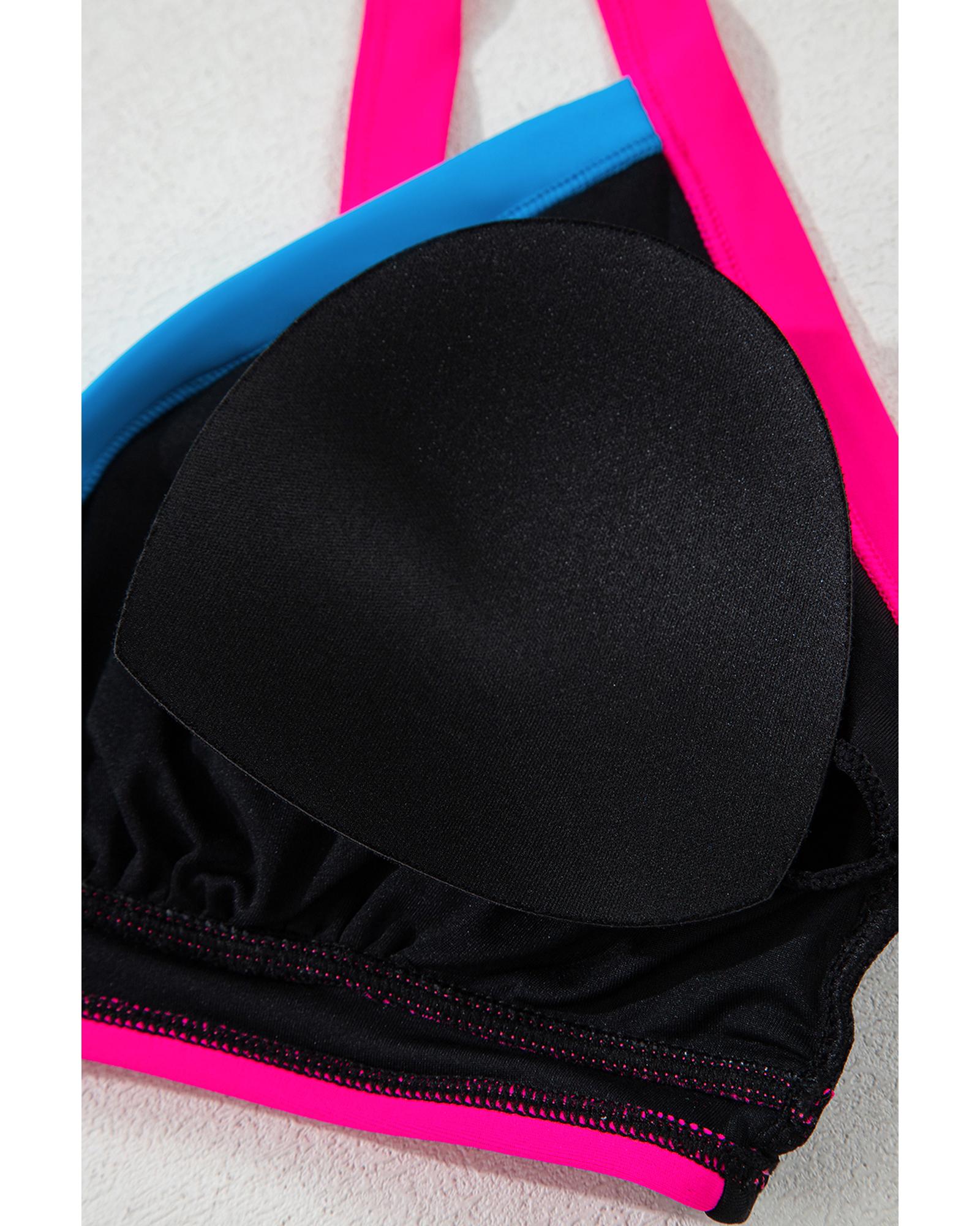 Black Color Block Drawstring Side V Neck High Waist Bikini Set - S