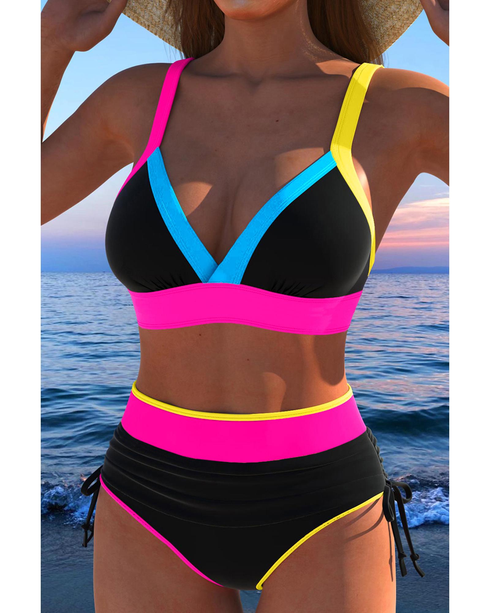 Black Color Block Drawstring Side V Neck High Waist Bikini Set - S 3