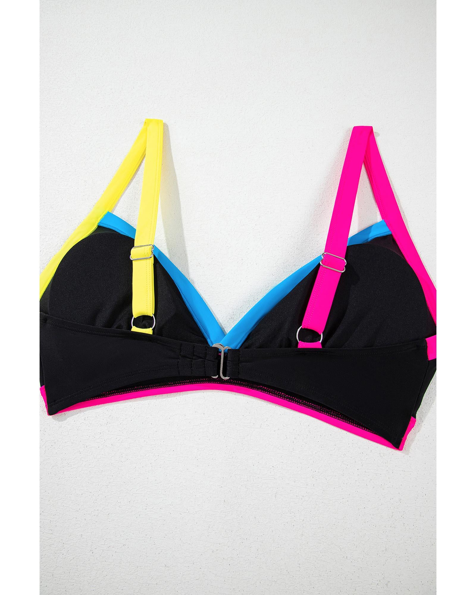 Black Color Block Drawstring Side V Neck High Waist Bikini Set - S 4