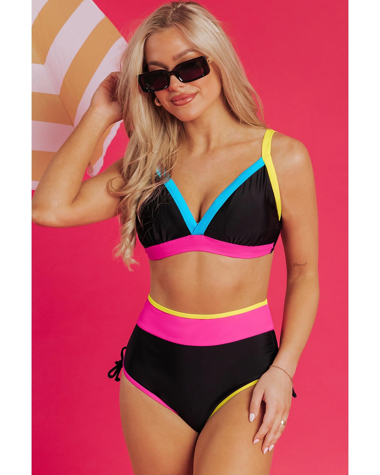 Black Color Block Drawstring Side V Neck High Waist Bikini Set - S 6