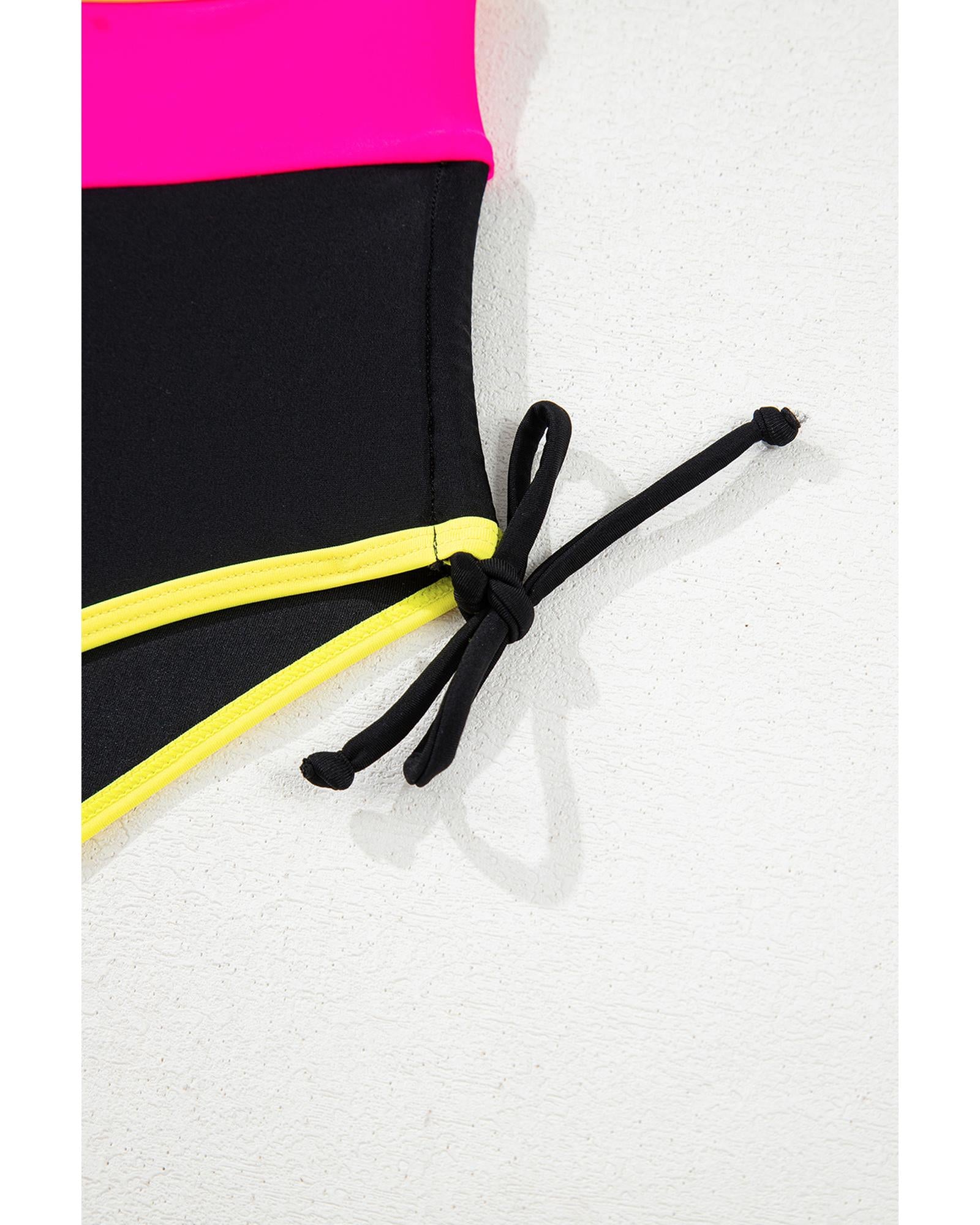Black Color Block Drawstring Side V Neck High Waist Bikini Set - S 8
