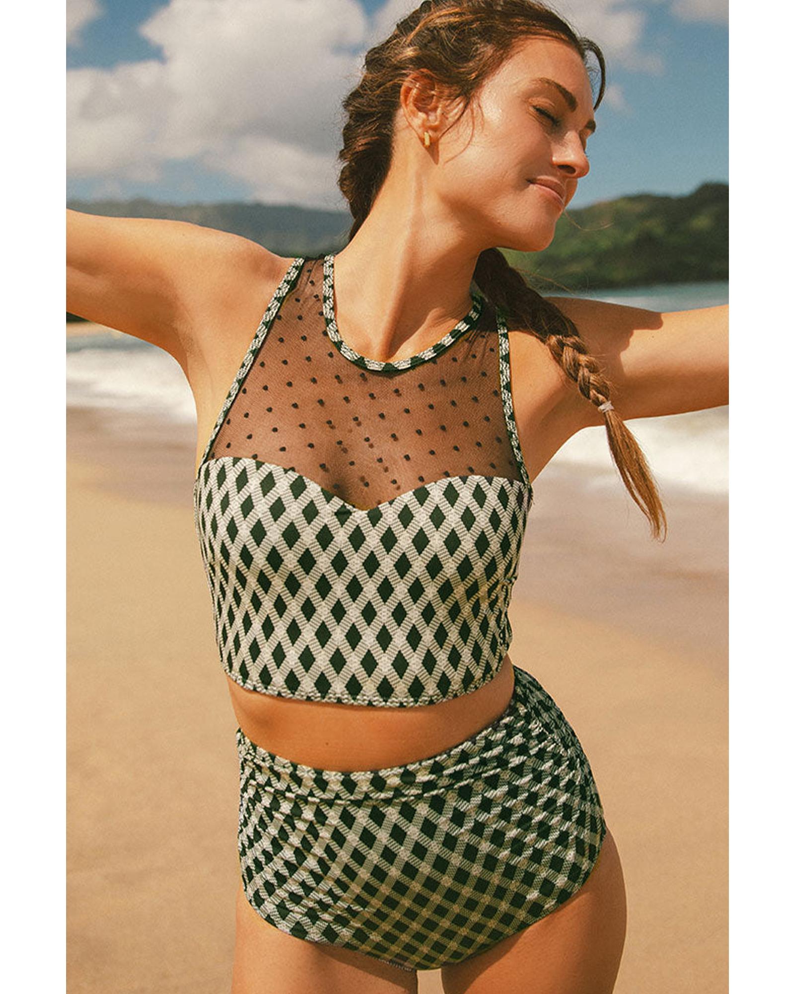 Green Dotted Mesh Plaid Patchwork High Waisted Bikini - L 4