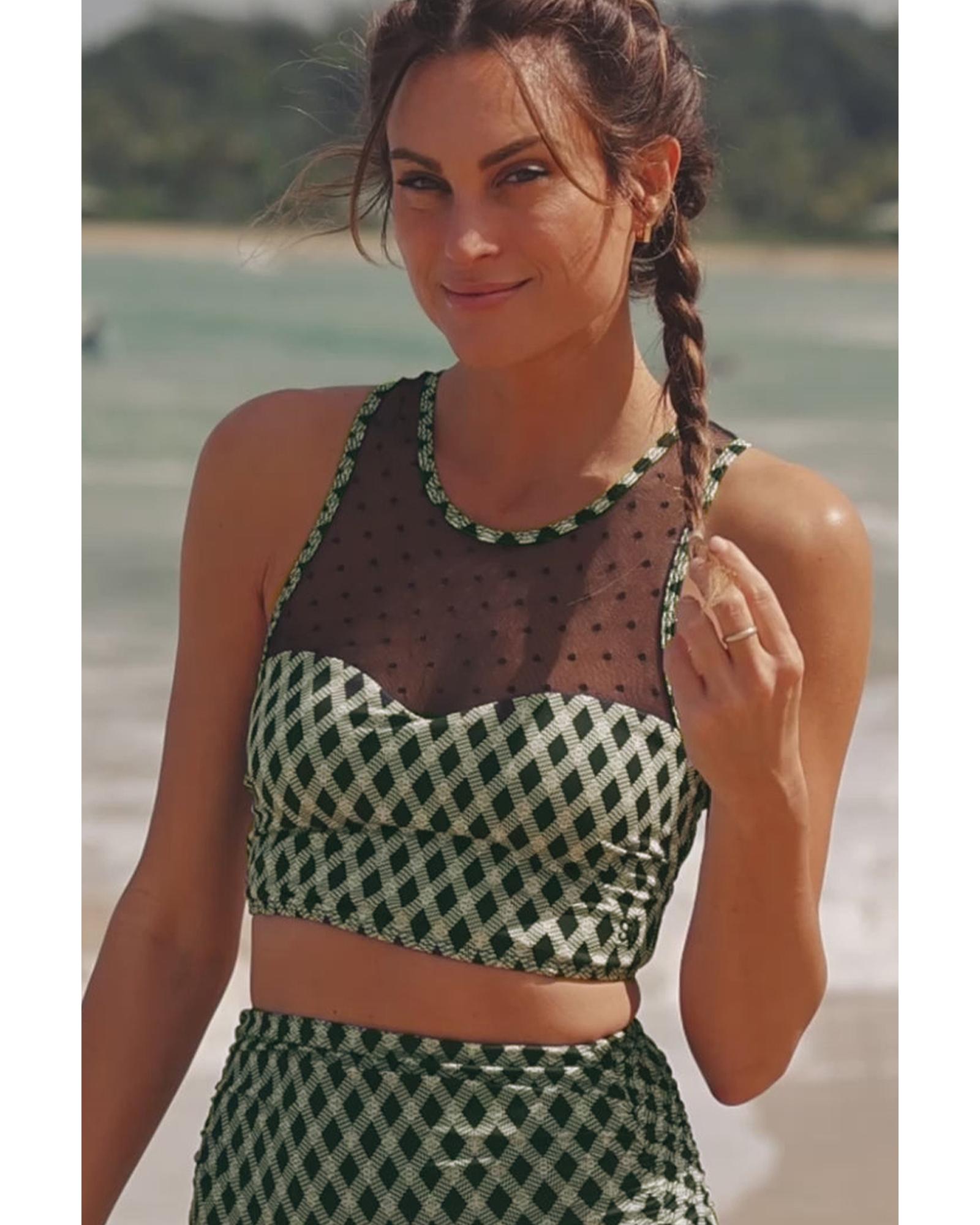 Green Dotted Mesh Plaid Patchwork High Waisted Bikini - L 5