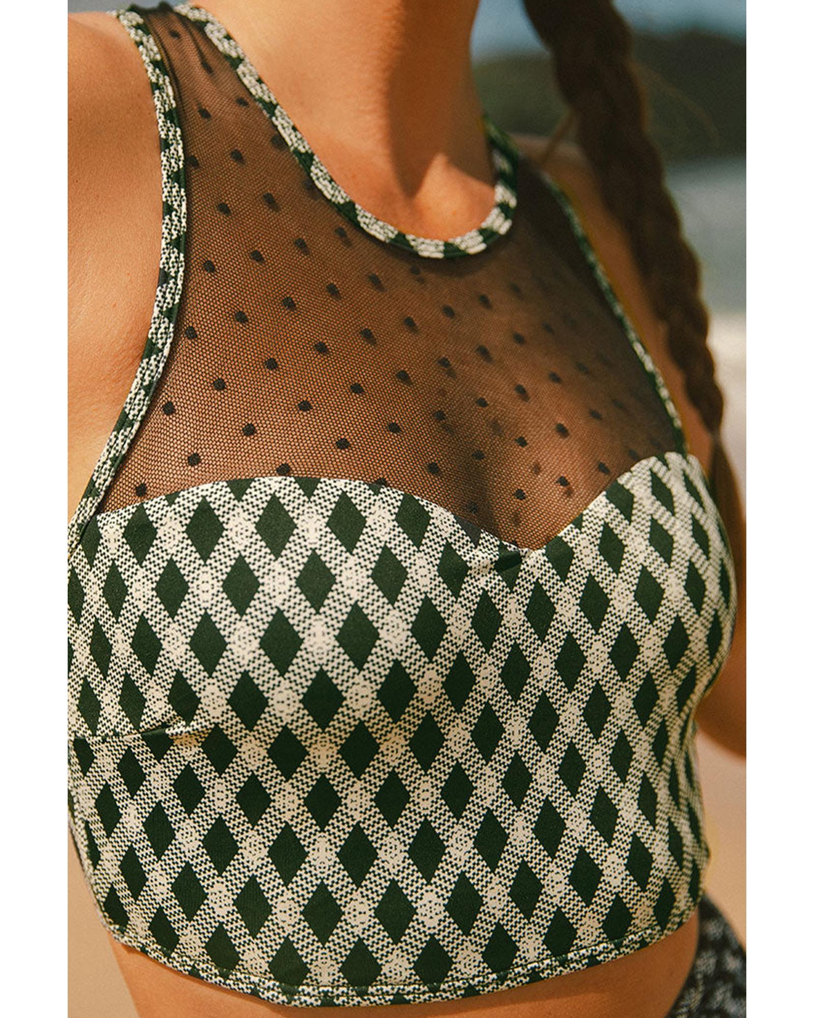 Green Dotted Mesh Plaid Patchwork High Waisted Bikini - L 6