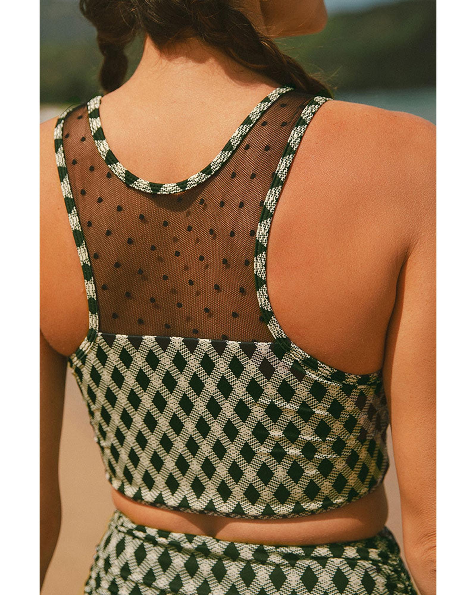 Green Dotted Mesh Plaid Patchwork High Waisted Bikini - L 7