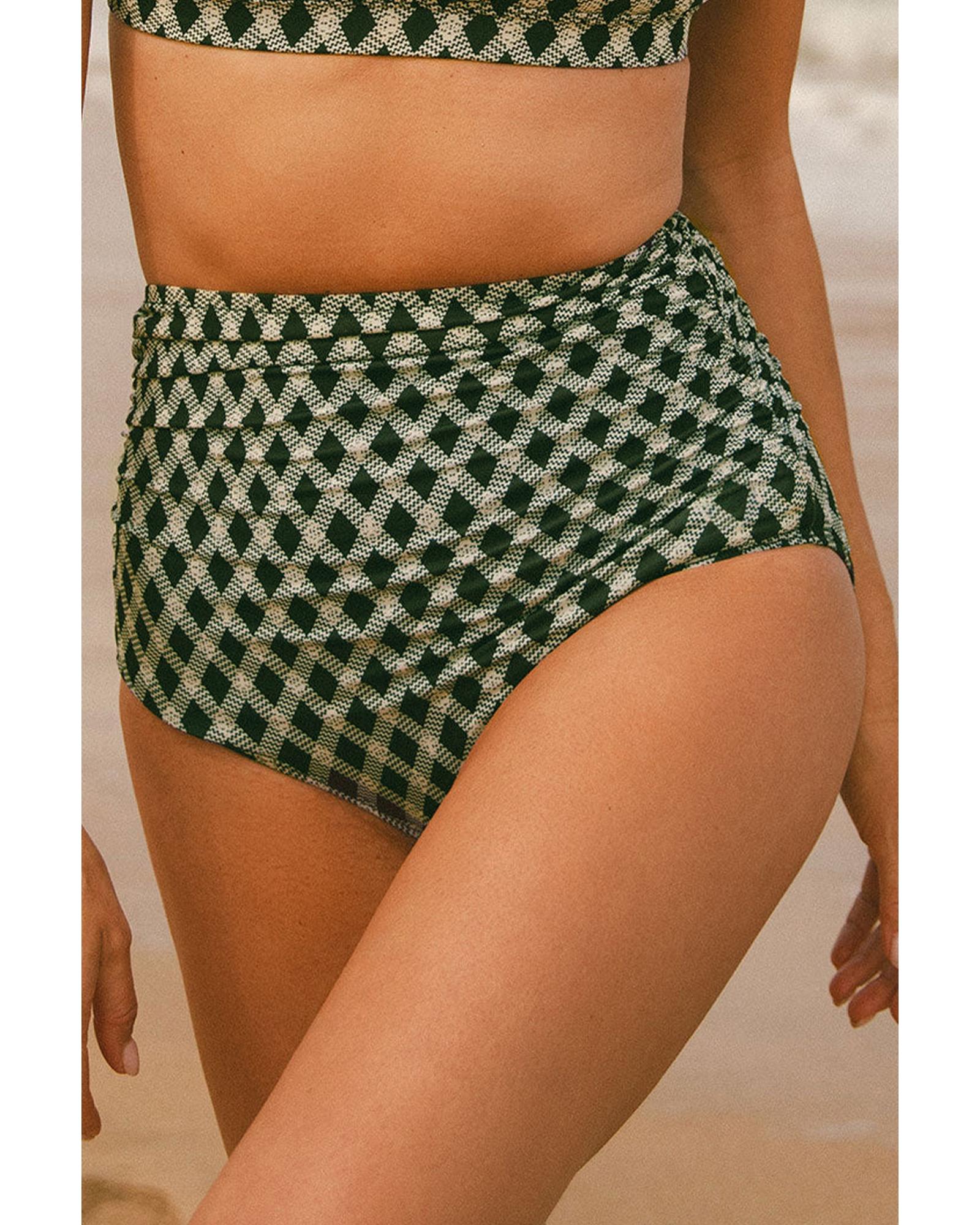 Green Dotted Mesh Plaid Patchwork High Waisted Bikini - L 8