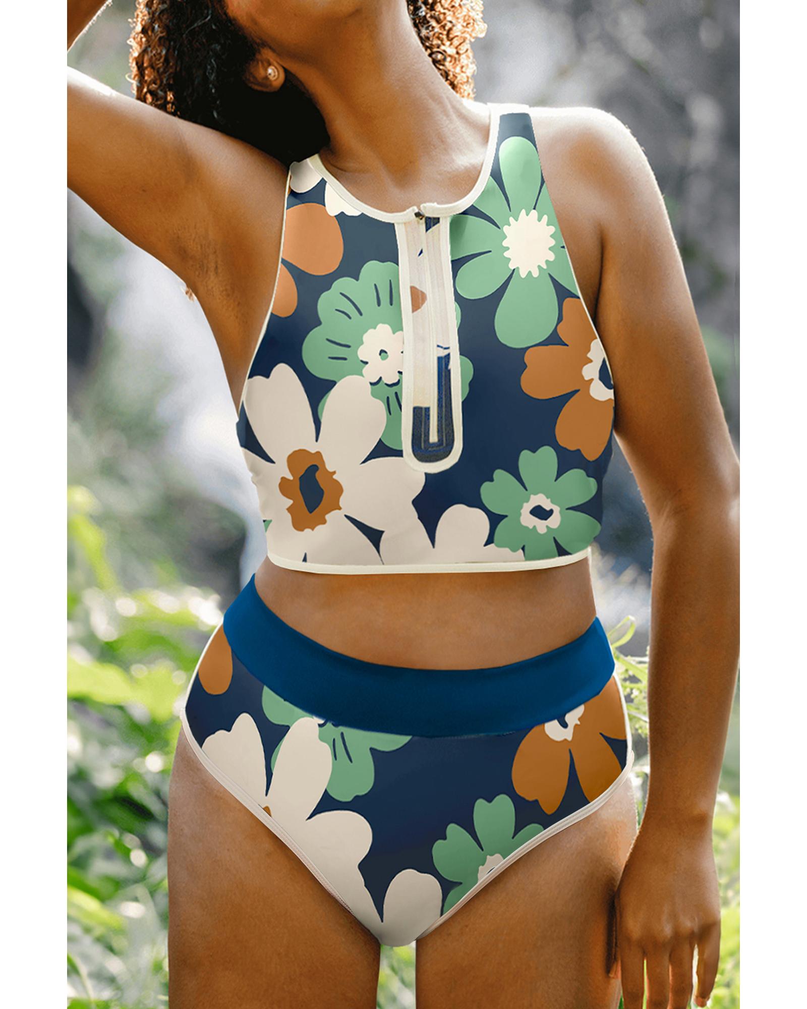 Blue Flower Zip up Racerback High Waisted Bikini - 2XL